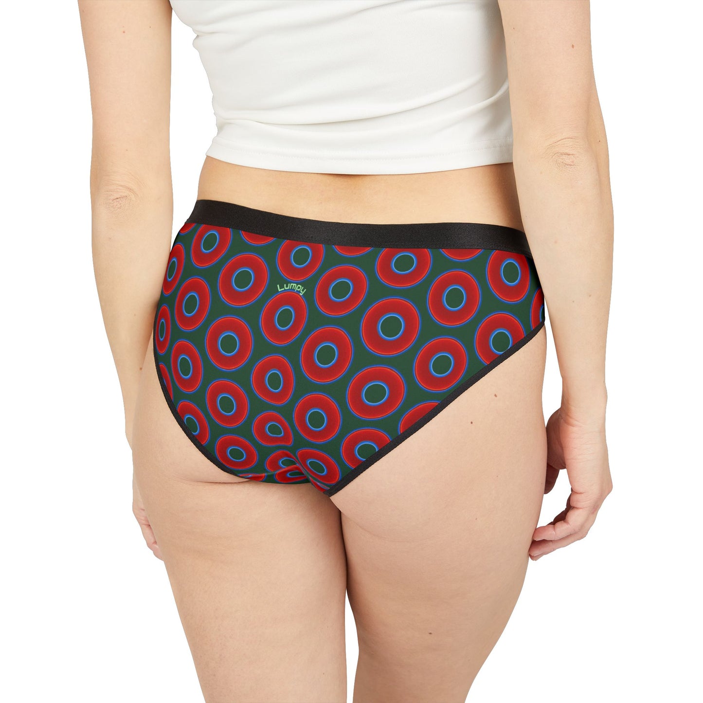 Lumpy Donut Underwear - vivid red donut print w/deep pond green background