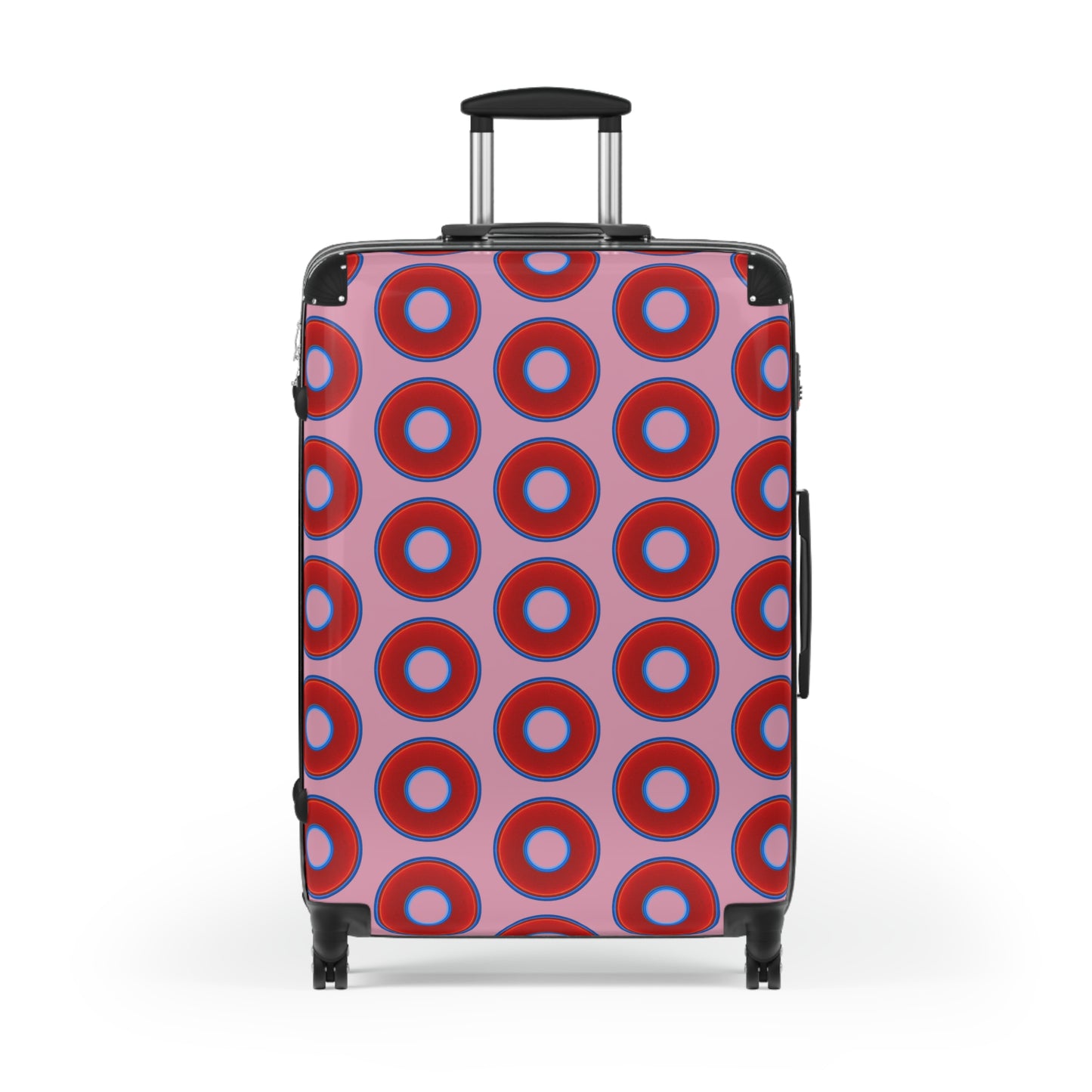 Very Lumpy Donut Suitcase series - your choice of S, M or L - vivid red donut print w/pale magenta background