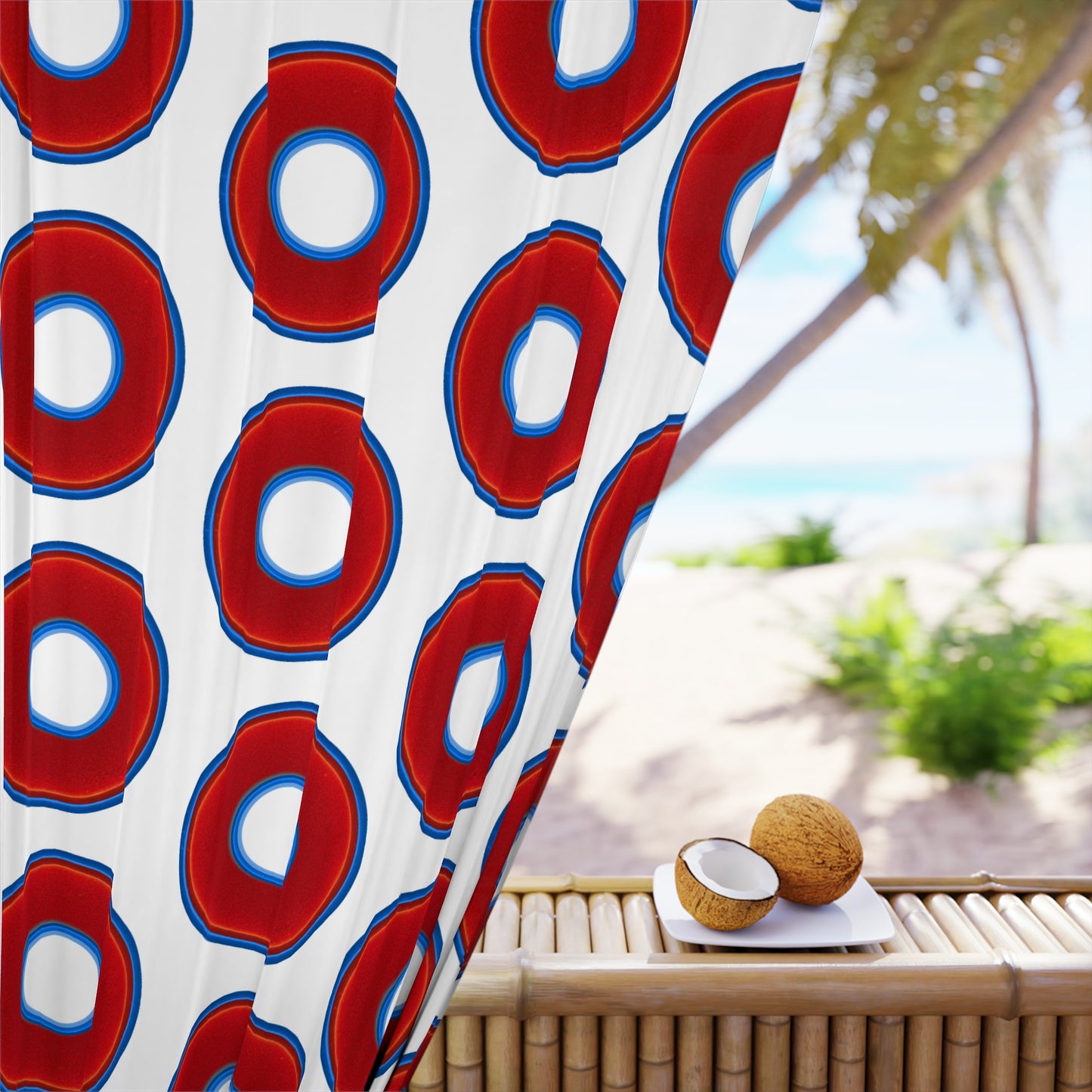 Lump's Heady Curtain w/Donuts - vivid red donut print - w/white background - [*1 Piece / 50" x 84"]