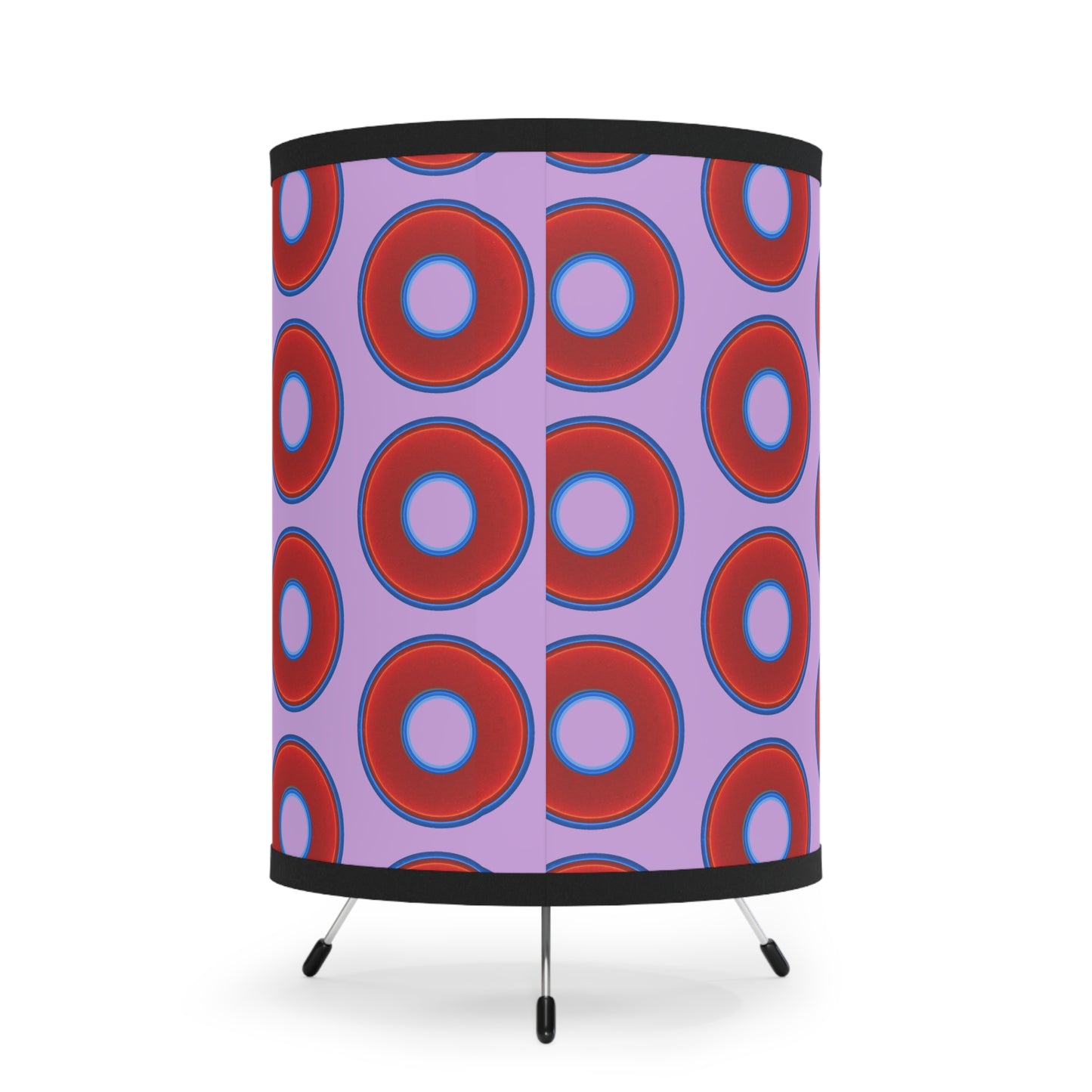Lumpy Tripod Donut Lamp - vivid red donuts w/wisteria purple background