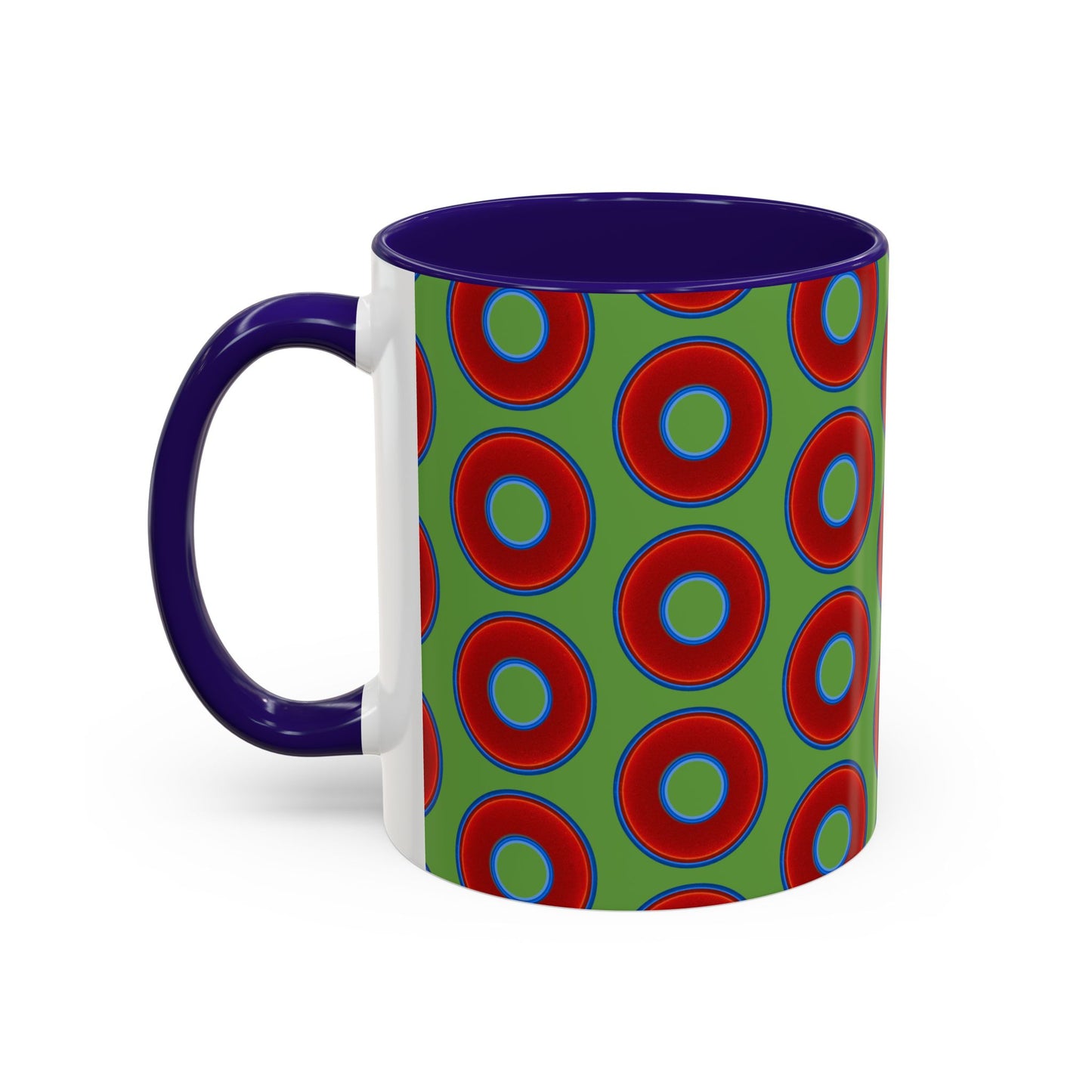 Lump's Grumpy Coffee Mug - vivid red donuts w/light green background
