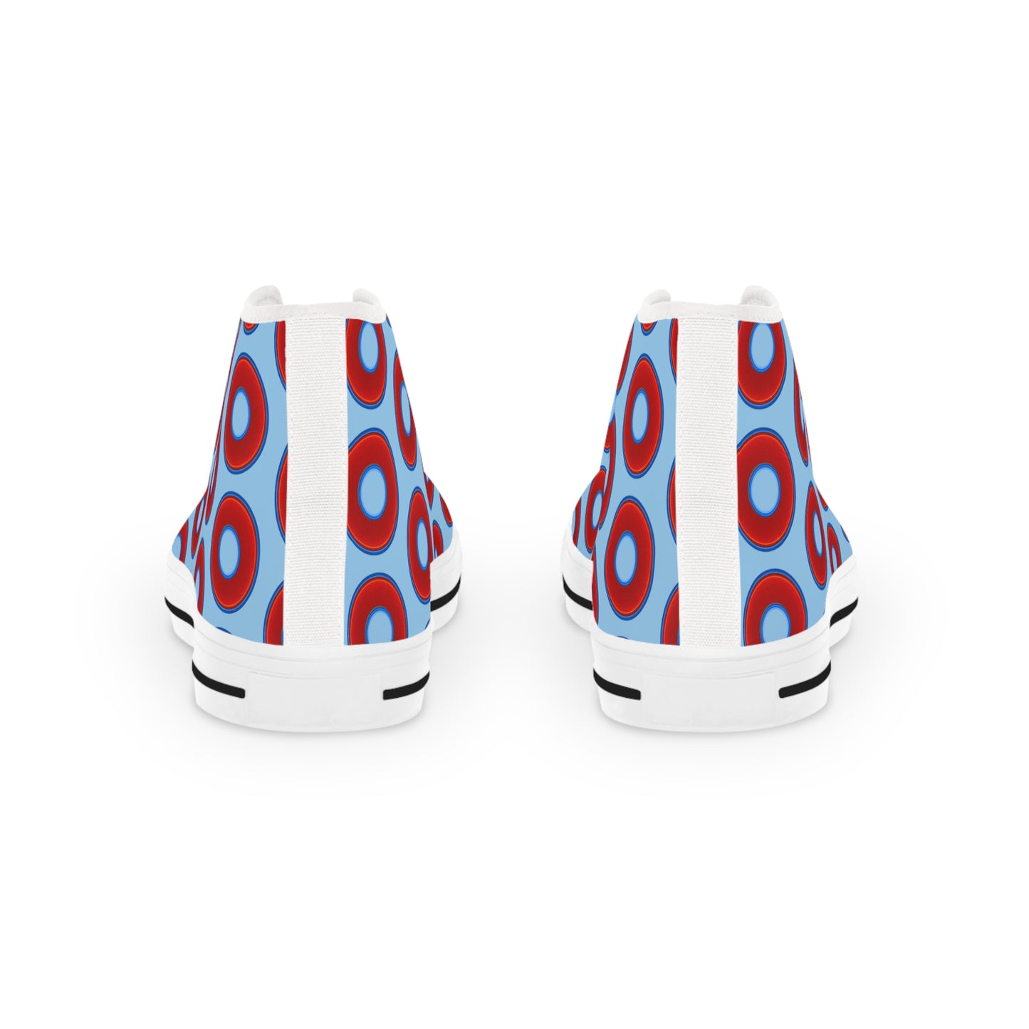 Men's High Top Chucks - large vivid red donut print w/sky blue background