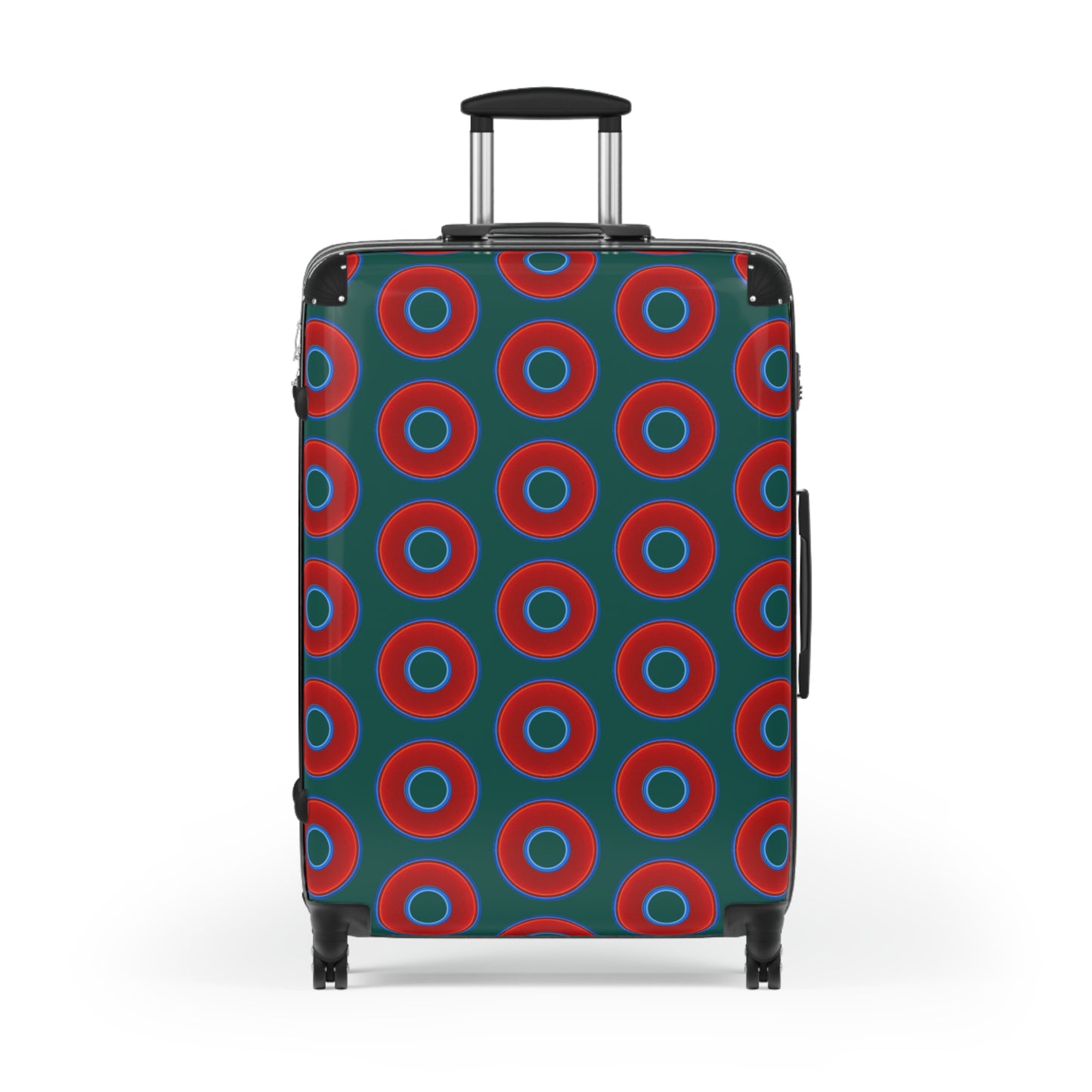 The Very Lumpy Donut Suitcase series - your choice of S, M or L - vivid red donut print w/grayish green background