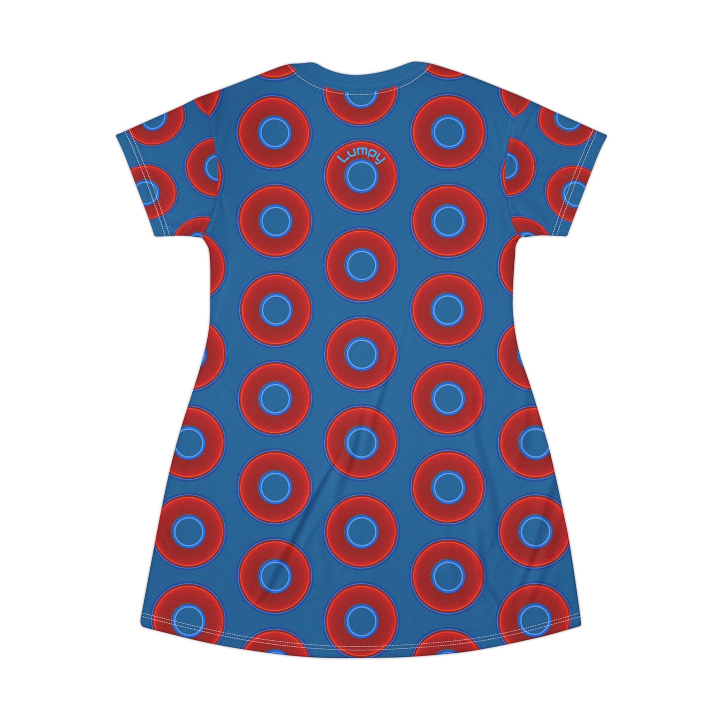 Not a Muumuu AOP Tee Shirt Dress - red vivid donuts w/wavy navy blue background