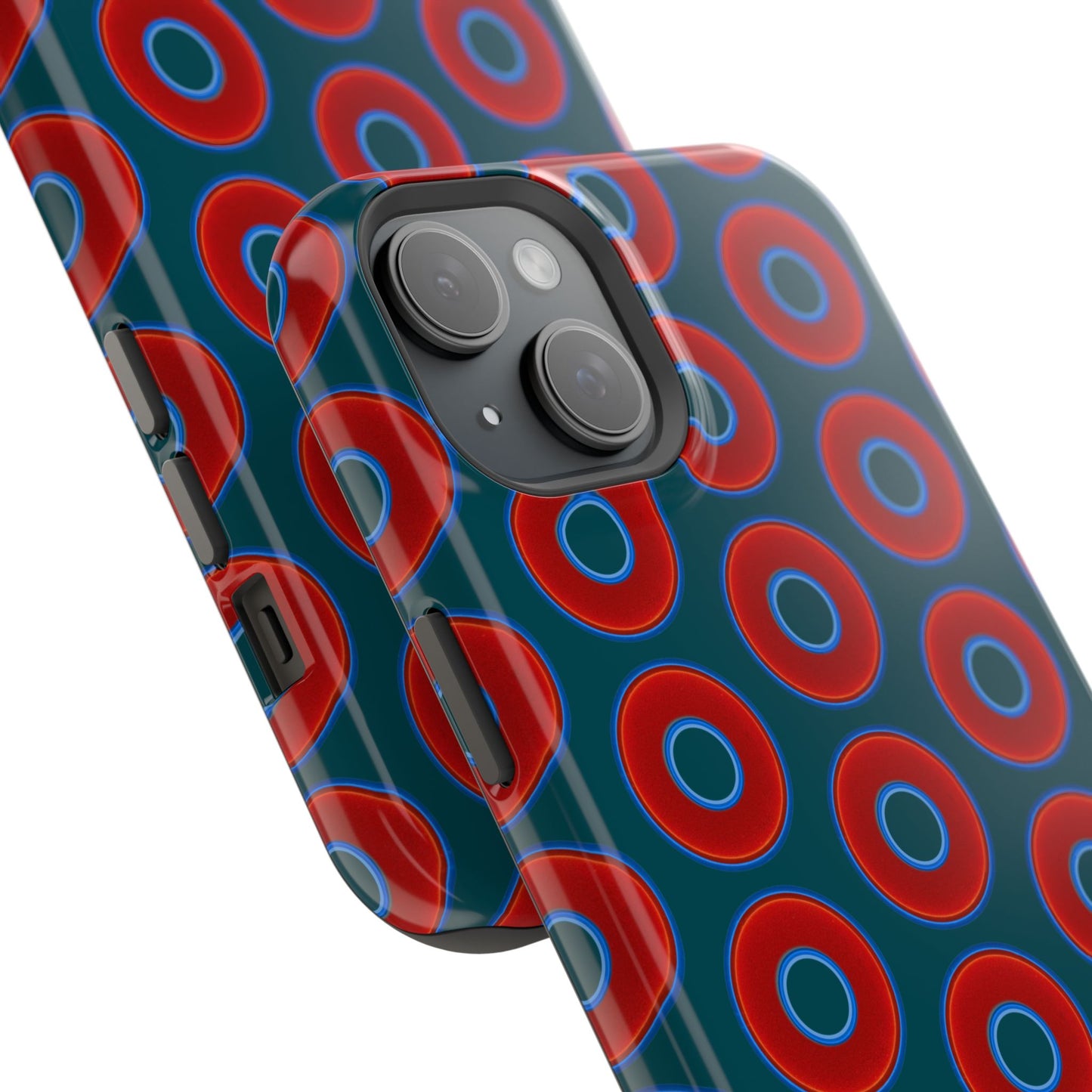 Impact-Resistant Lumpy Donut Case - red vivid donut print w/midnight green background