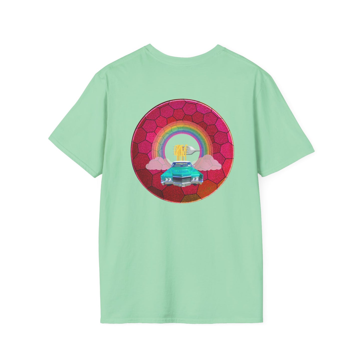 Classic Donut Tee - Unisex Soft-Style - "Cadillac Rainbows Donut Tee" - variant 3 - magenta hexadonut w/mint green caddy