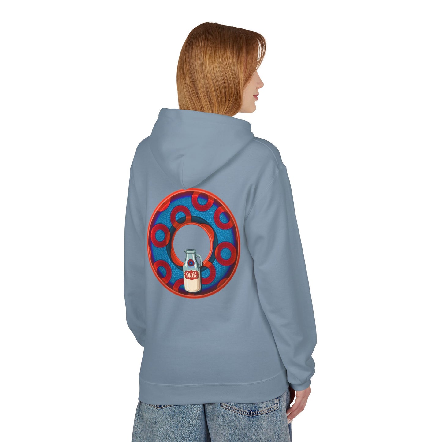 Fleece Harry Hoodies [Midweight Soft-style] - "Wooked Cream Dairy - YEMSG Donut" - blue/red rustic paradox donut - variant 1