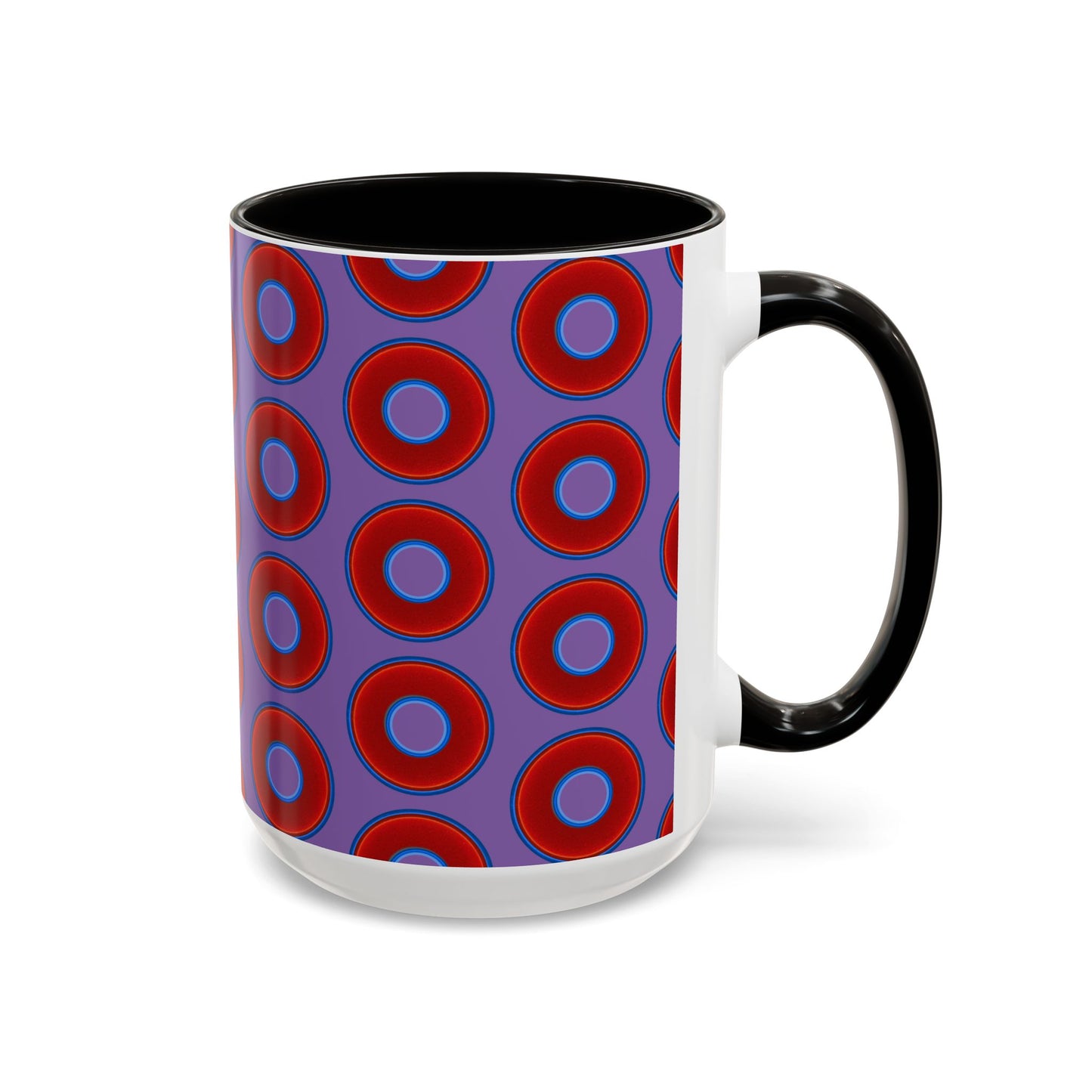 Lump's Grumpy Coffee Mug - vivid red donuts w/light purple background