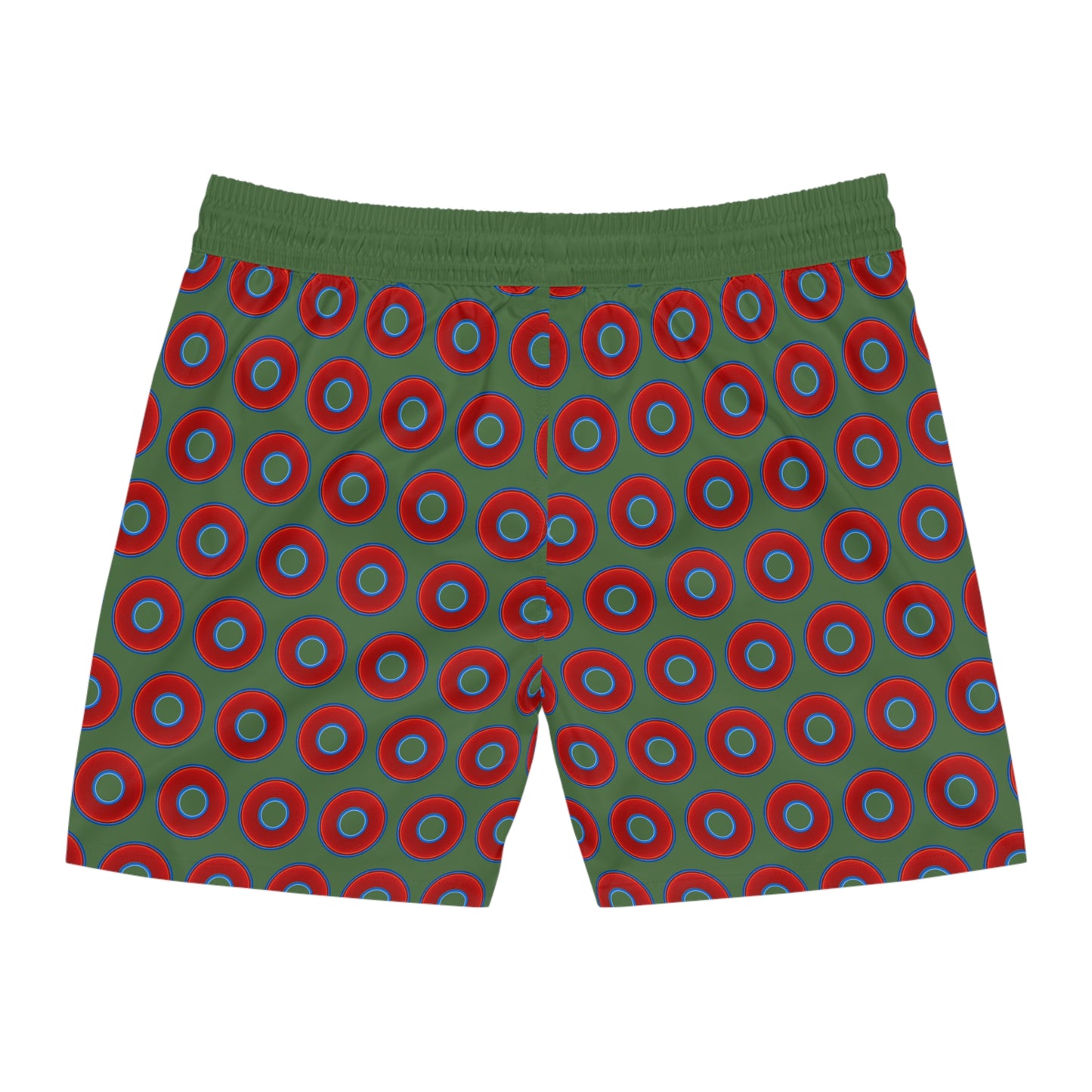 Men's Lumpy Swim Trunks - vivid red donut print w/dark green background