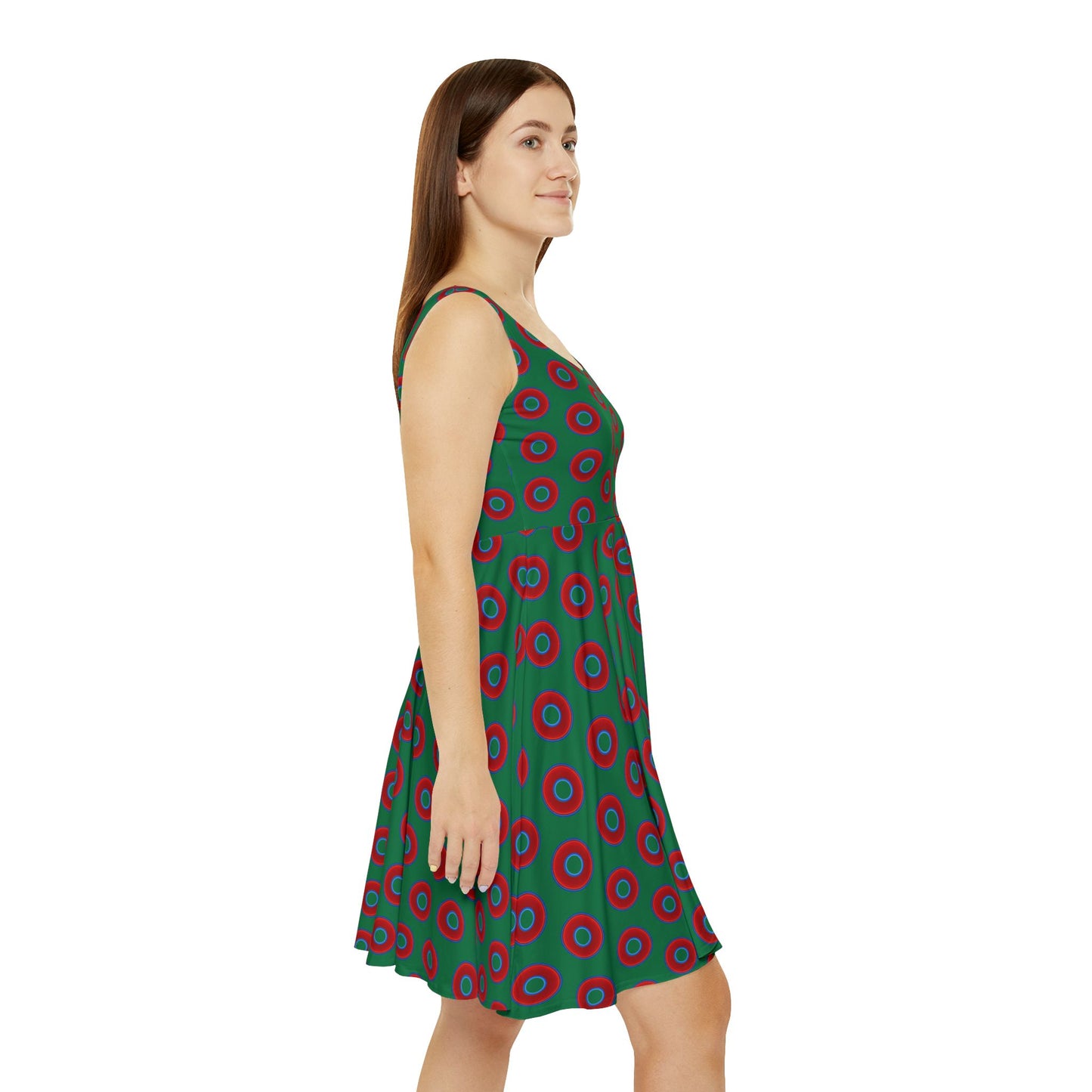 Women's Skater Donut Dress - vivid red donut print w/green background