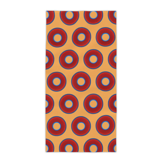 Lumpy Donut Towels - vivid red donuts w/creamsicle orange background