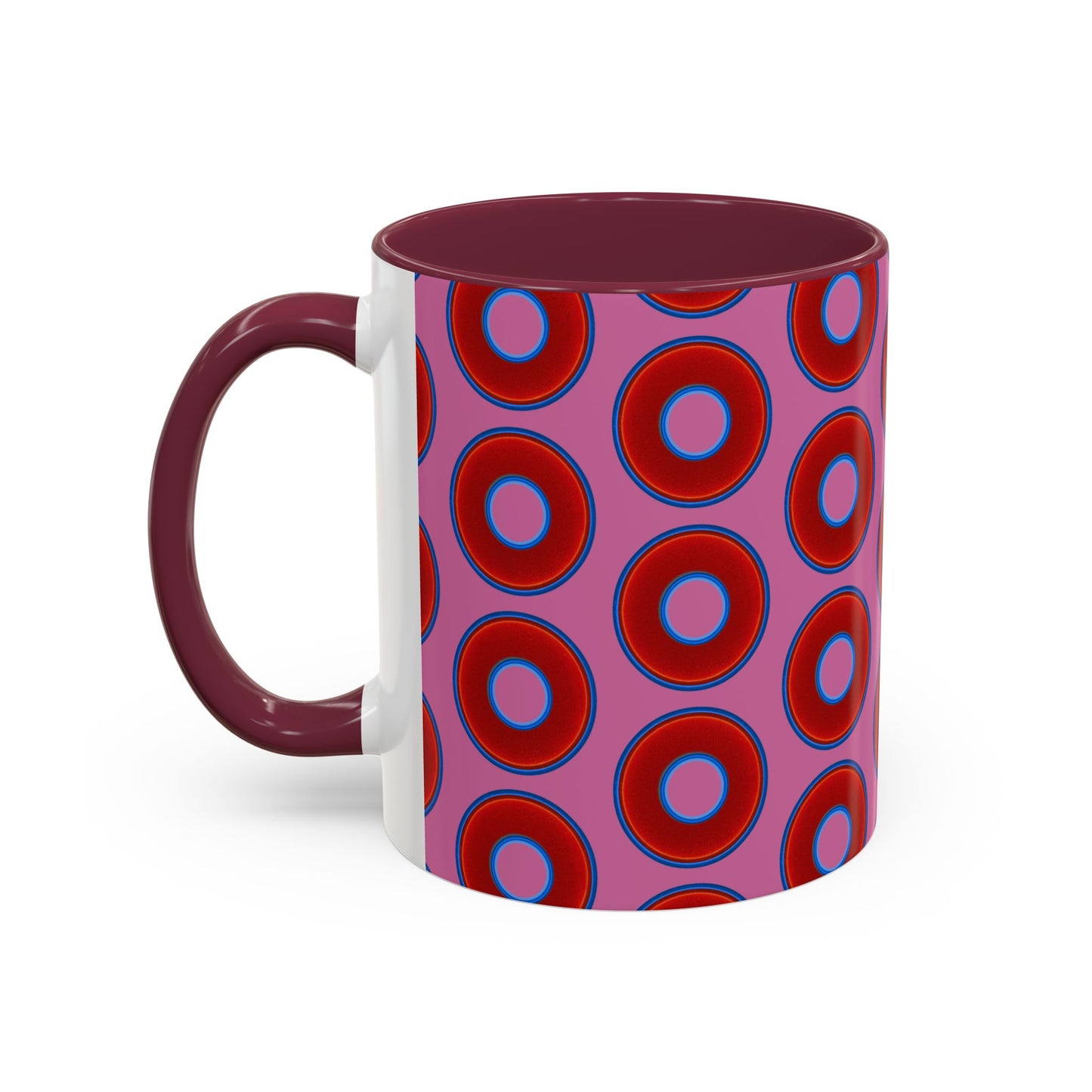 Lump's Grumpy Coffee Mug - vivid red donuts w/pink background