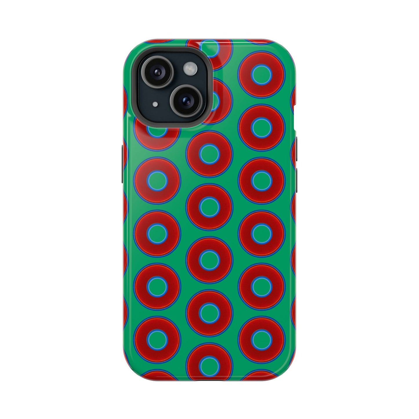 Impact-Resistant Lumpy Donut Case - red vivid donut print w/jade green background