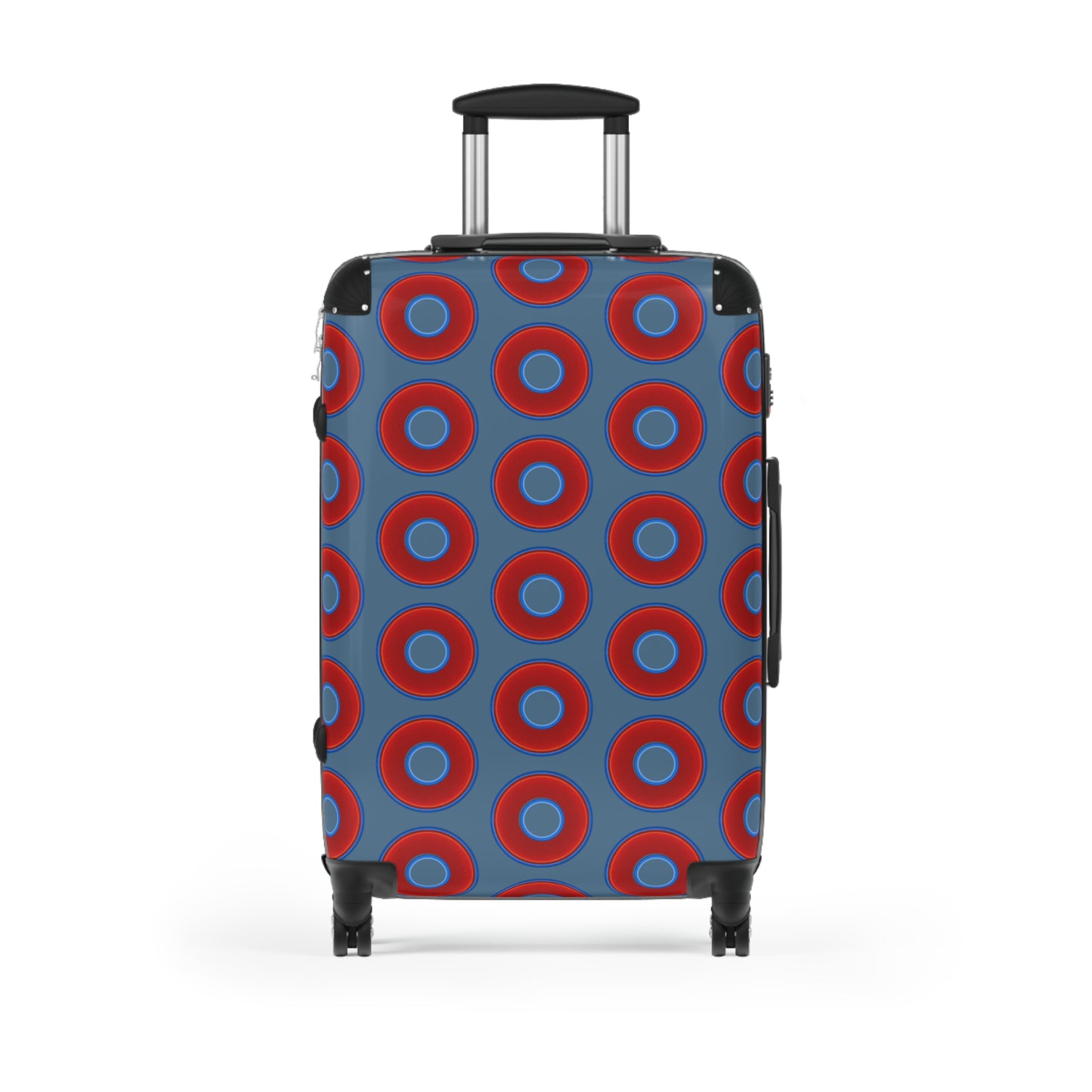 The Very Lumpy Donut Suitcase series - your choice of S, M or L - vivid red donut print w/steel blue background