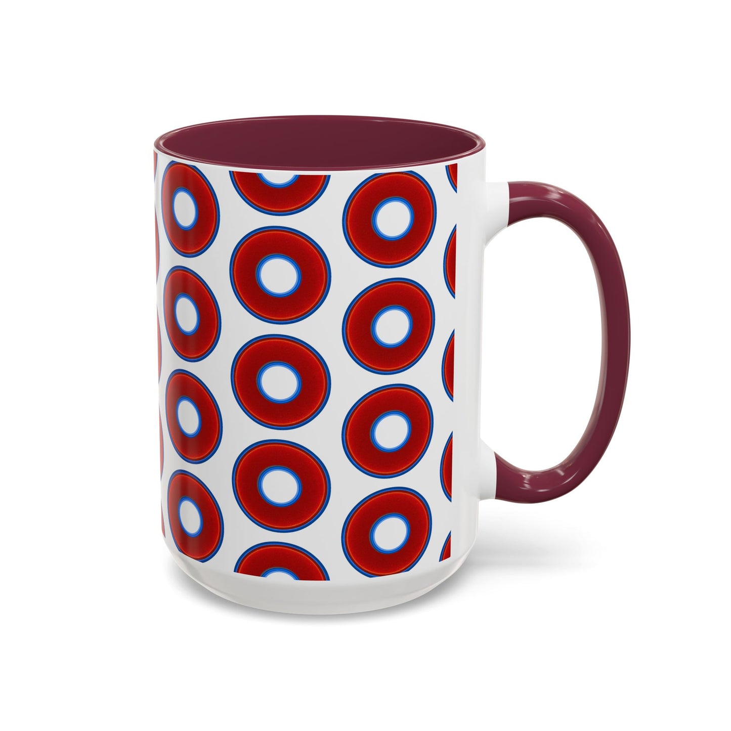 Lump's Grumpy Coffee Mug - vivid red donuts w/white background