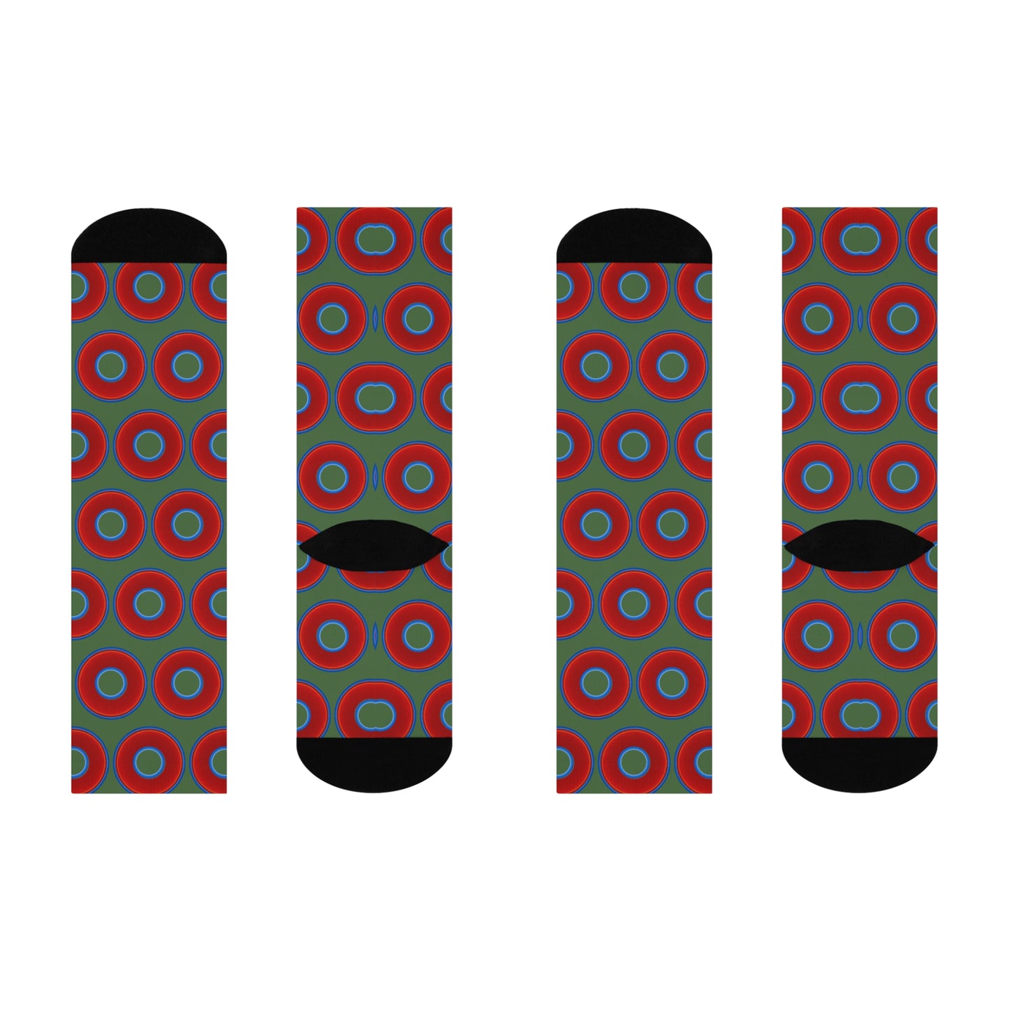 Lumpy Sox - cushioned crew - vivid red donut print w/dark green background