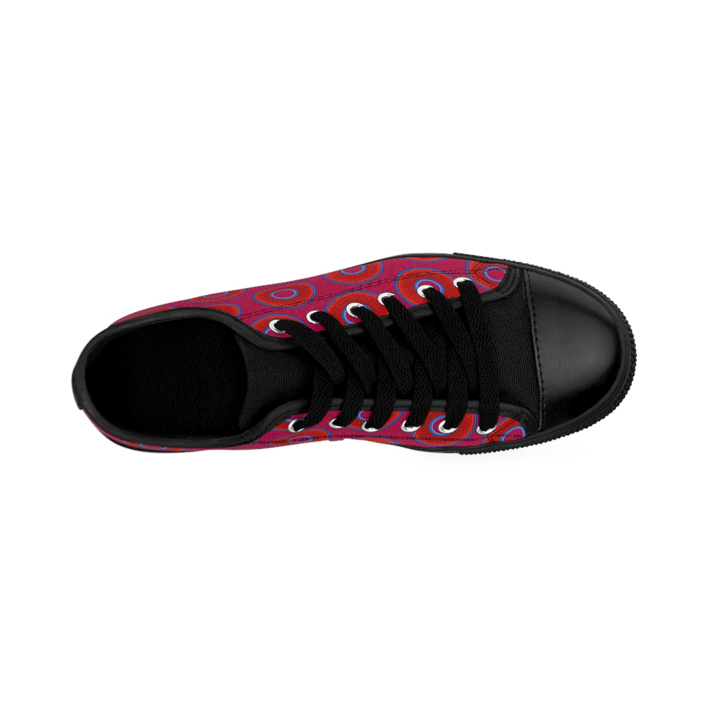 Women's Cushiony Convectors - Low Top - large red vivid donut print w/dark magenta background