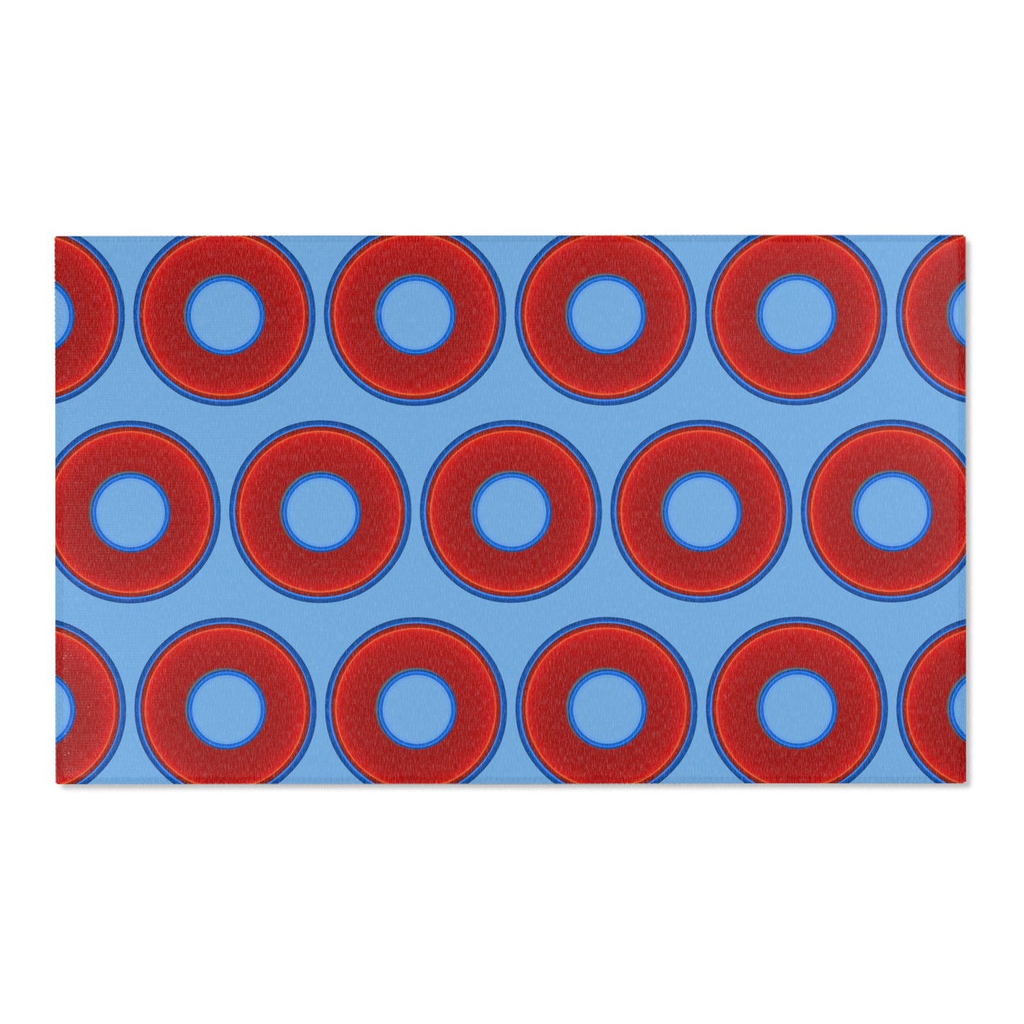Lumpy Donut Print Rug - choice of 3 sizes - vivid red donut print w/light blue background