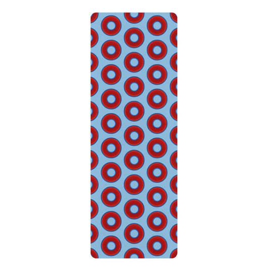Lumpy Donut Yoga Mat :) - 24″ x 70" - vivid red donut print w/light sky blue background