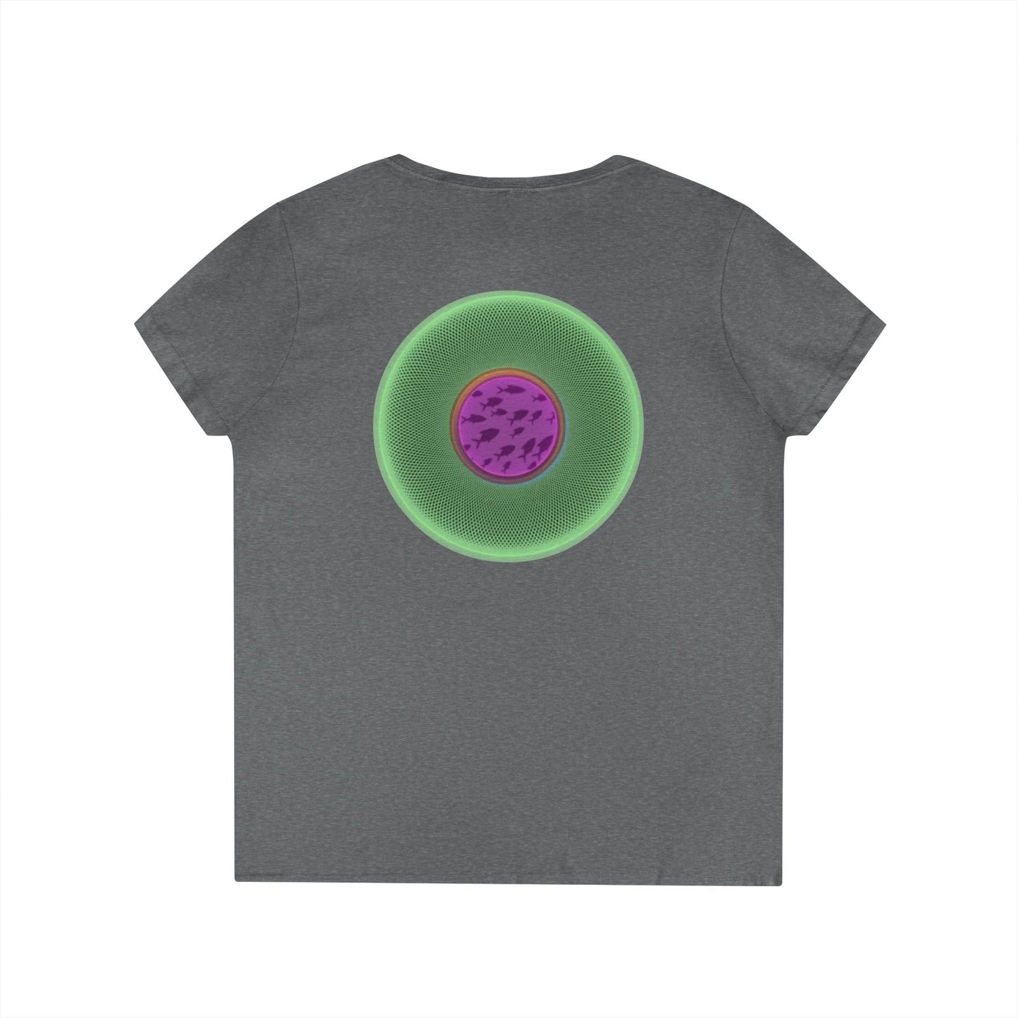 Women's Donut V-Neck Tee - "If I'm Swimming By" - variant 3 - light green/magenta phatty donut w/