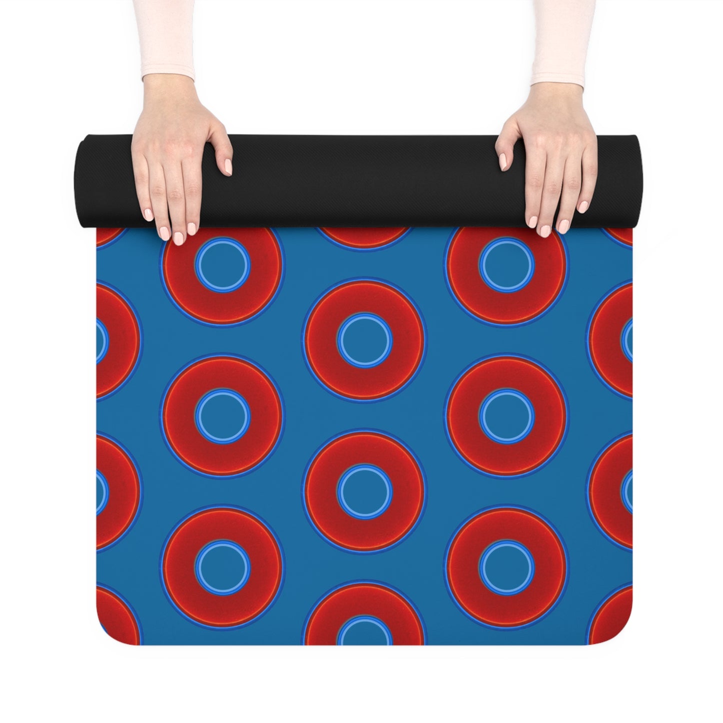 Lumpy Donut Yoga Mat :) - 24″ x 70" - vivid red donut print w/wavy navy blue background