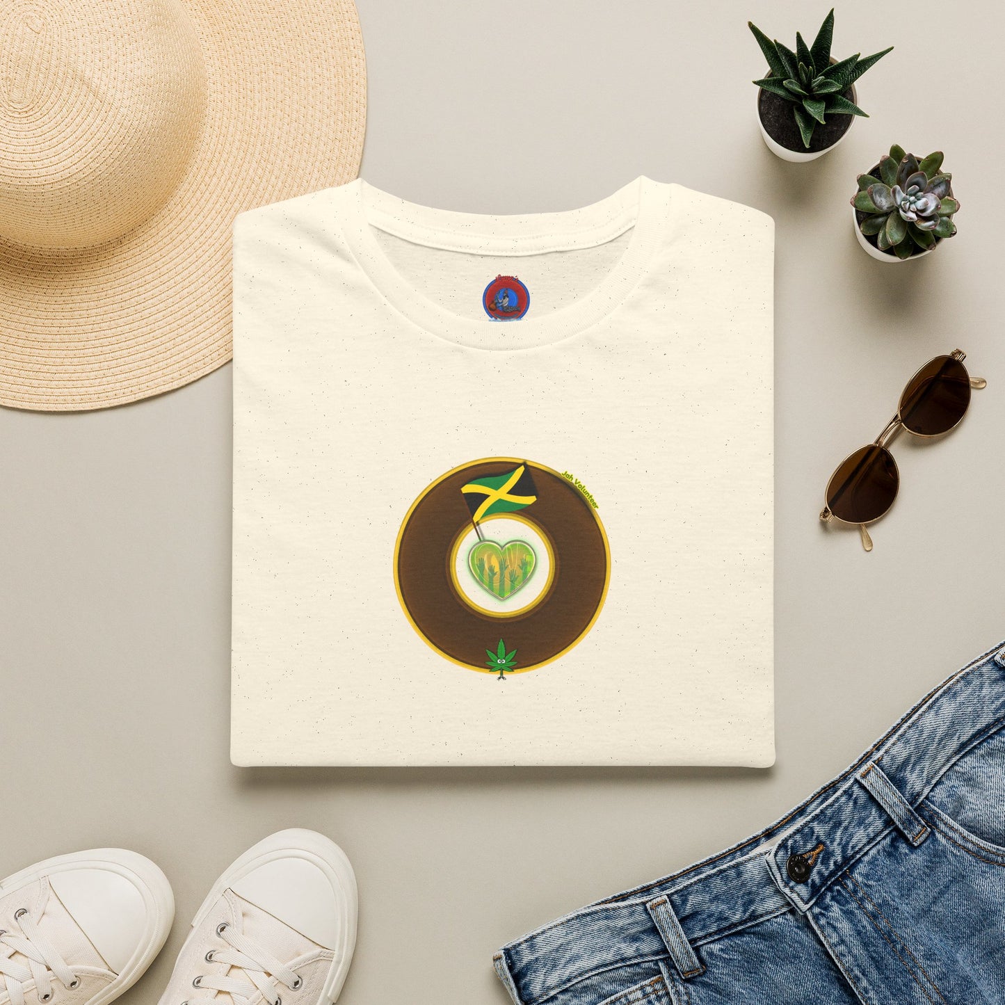 Classic Donut Tee - Unisex Soft-Style - "Jah Volunteers Protect Jah Love... and donuts!" - vivid brown/gold donut