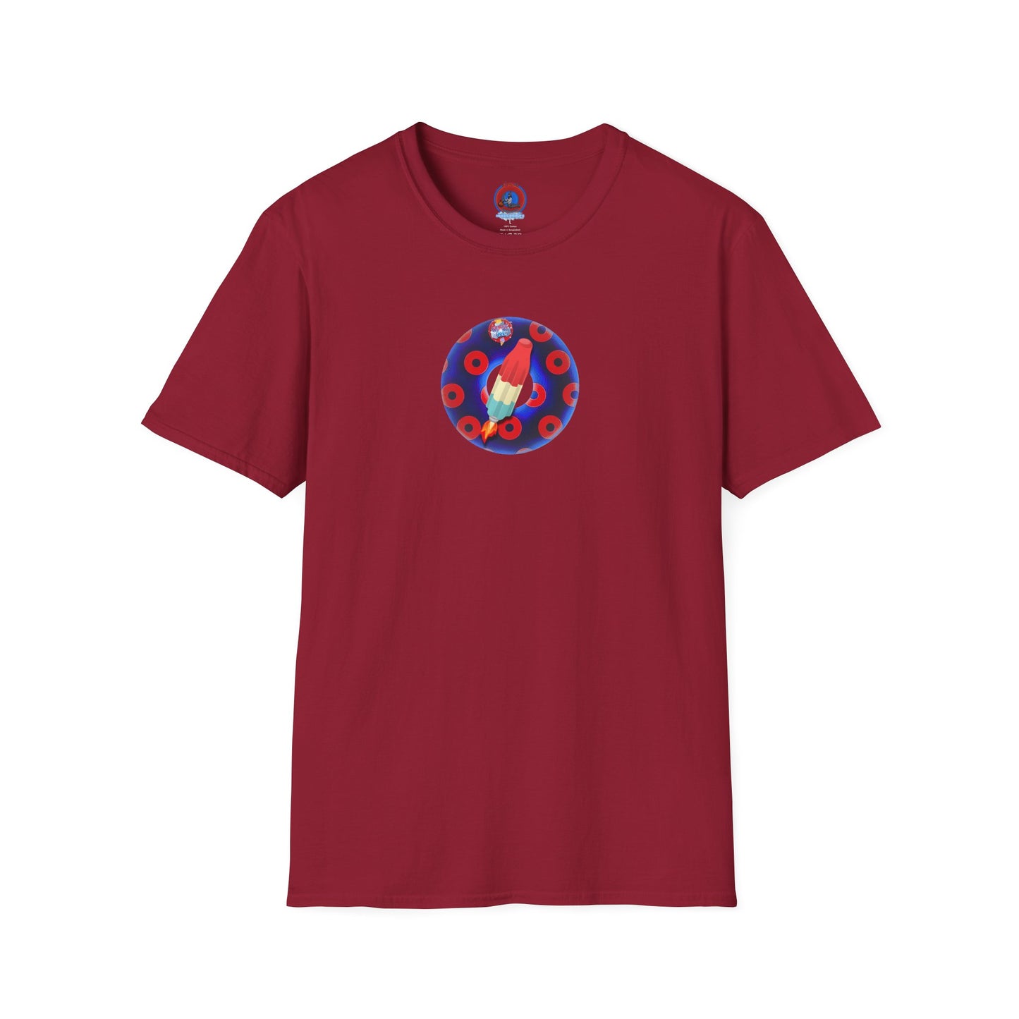 Classic Donut Tee - Unisex Soft-Style - "Blow this Popsicle Stand" - blue/red paradox bomb pop donut - variant 2