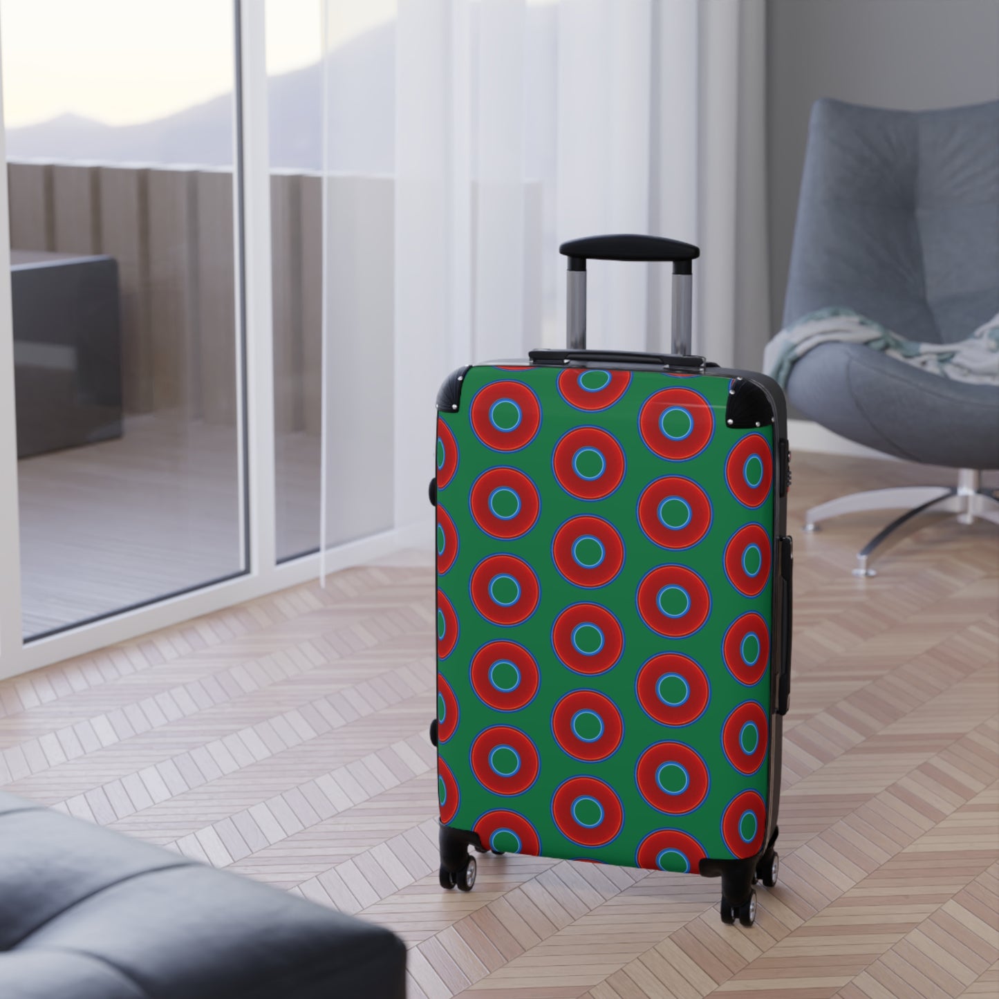 The Very Lumpy Donut Suitcase series - your choice of S, M or L - vivid red donut print w/dark green background