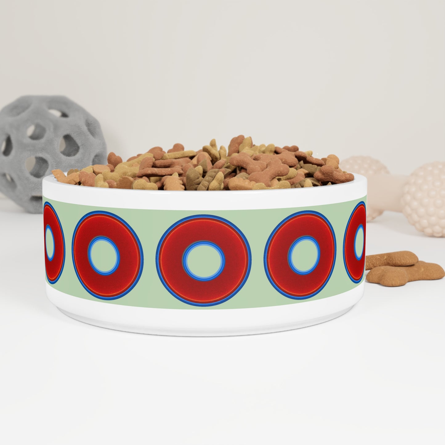 16 oz Lumpy Pet Bowl - vivid red donuts w/seafoam background