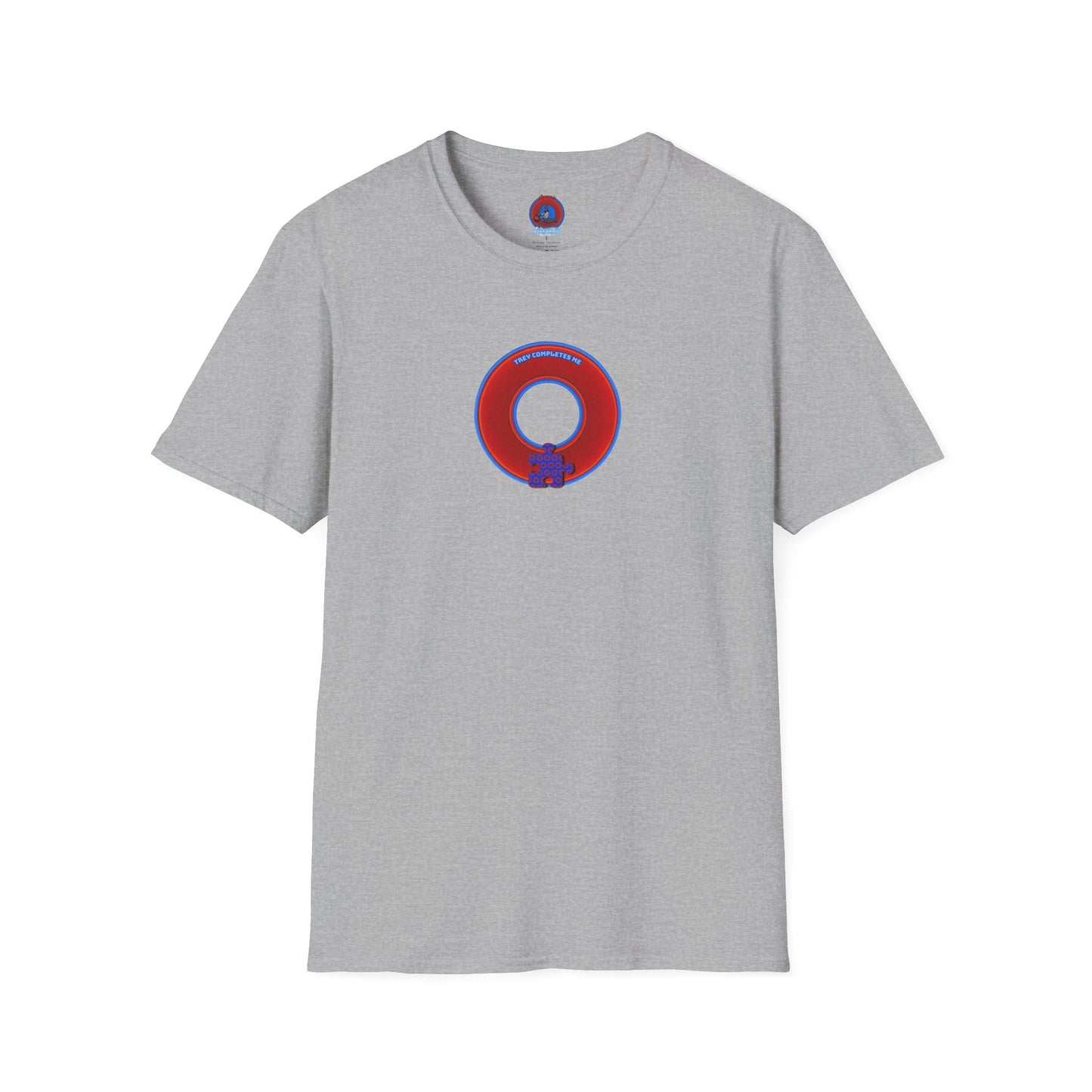 Classic Donut Tee - Unisex Soft-Style - "Trey's Completed Donut" - vivid red/blue donut