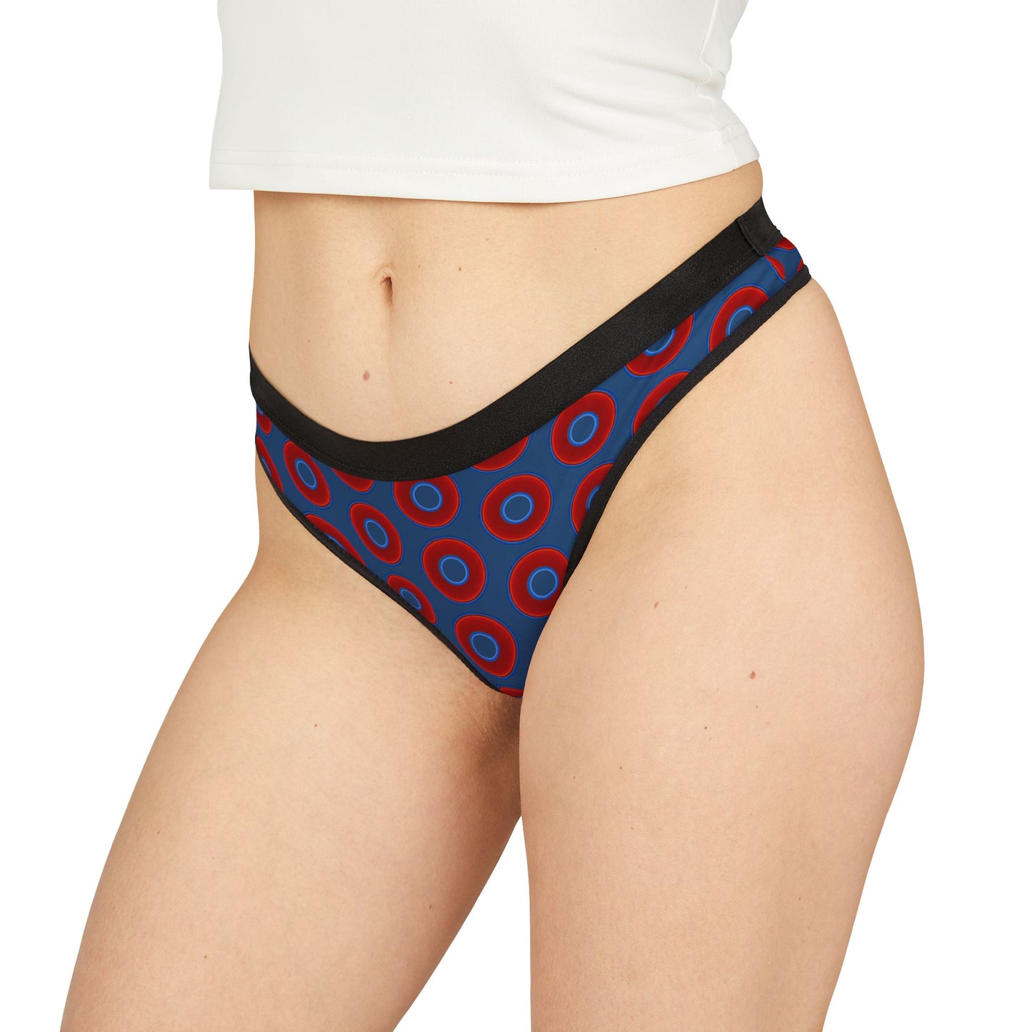 Lumpy Donut Thongs - red vivid donut print w/light navy blue background