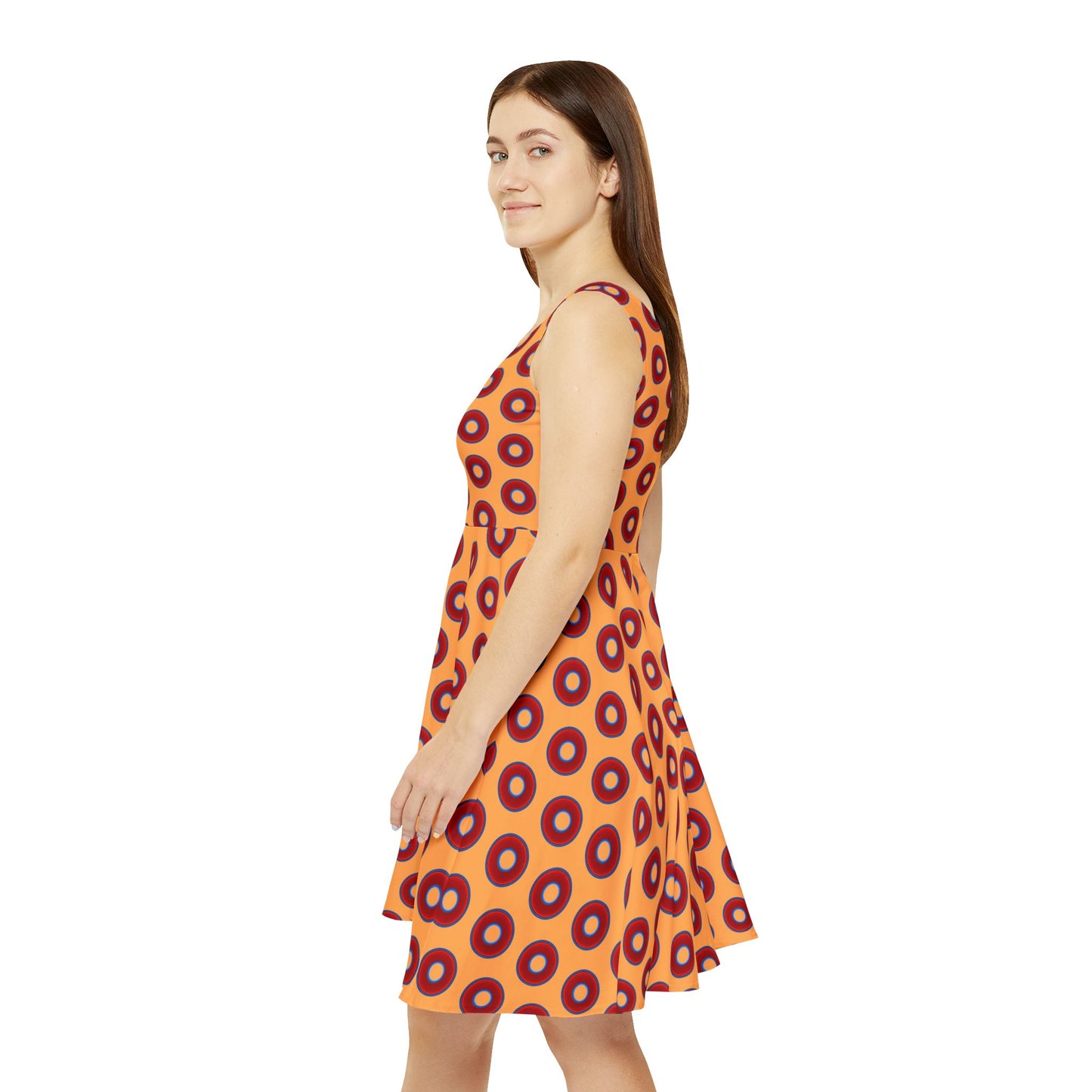 Women's Skater Donut Dress - vivid red donut print w/creamsicle orange background
