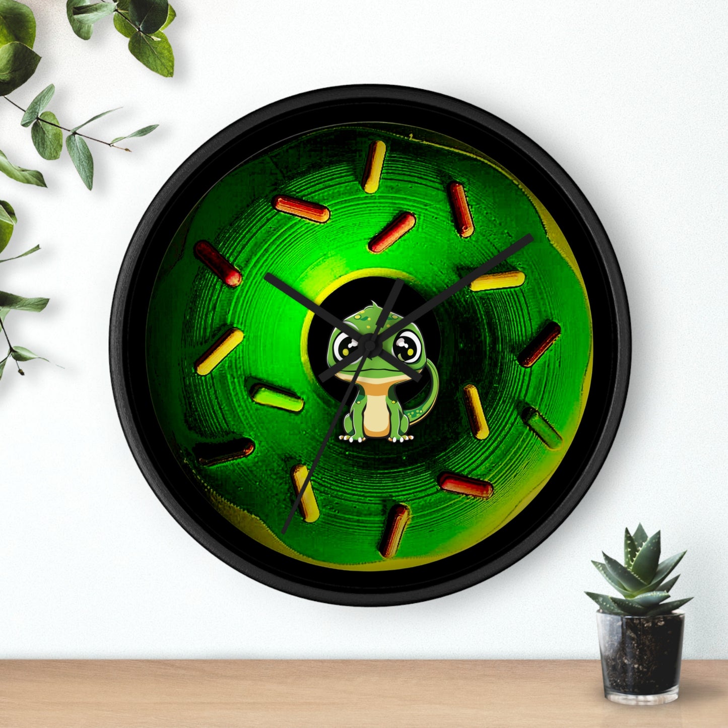 Lumpy Wall Clock - "Little Baby Rutherford's Donut Clock" - green retro donut w/sprinkles & black background