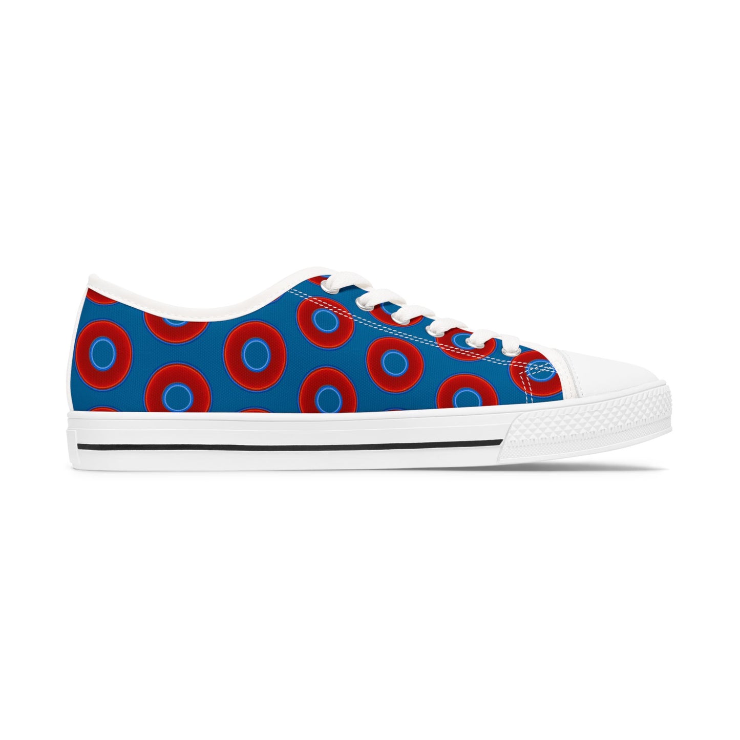 Women's - Low Top Chuck Taylors - large vivid red donut print w/wavy navy background