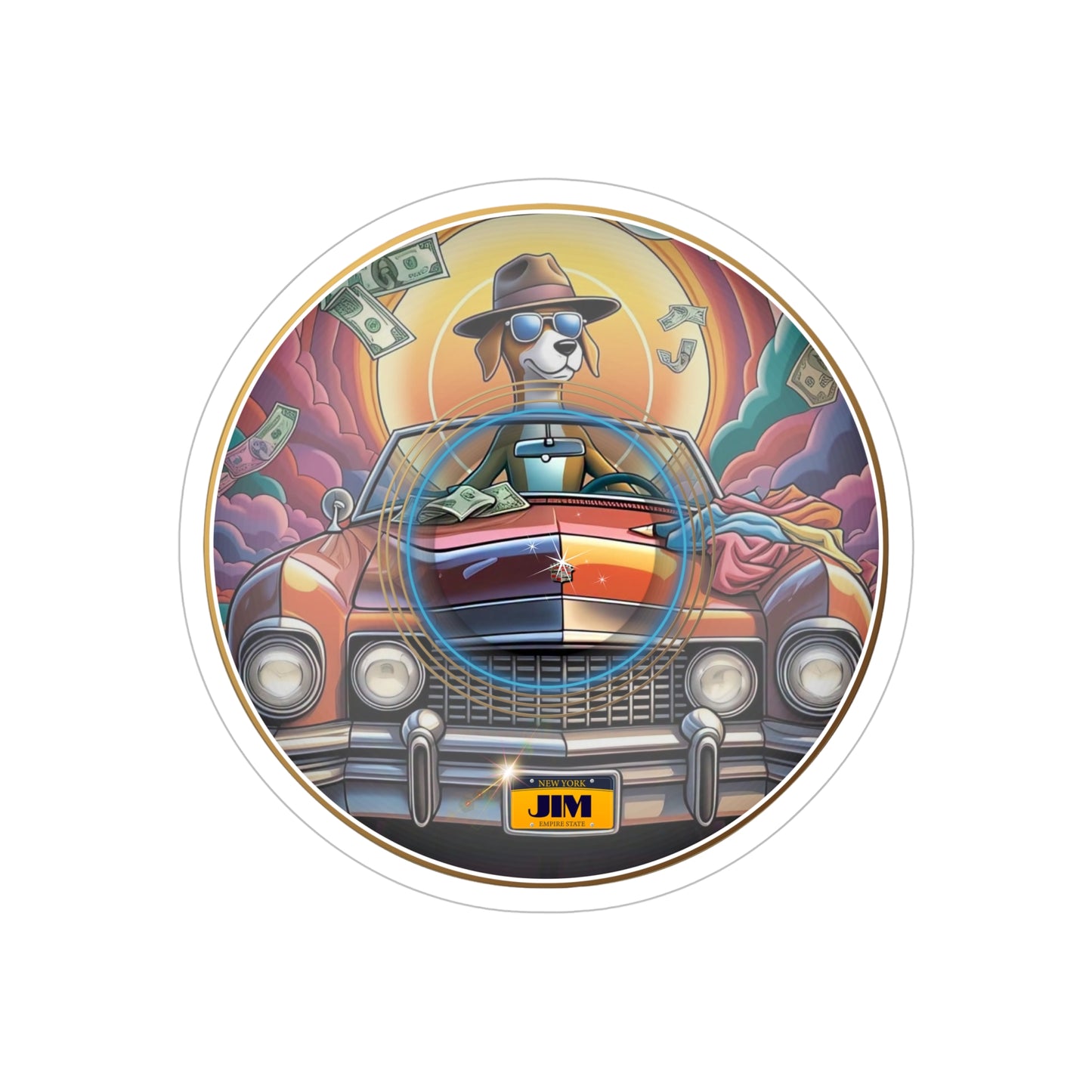 Donut Bumper/Outdoor Sticker - "Jimmy's Marathon Donuts" - series 1.0 - variant 1 - Jim's Caddy on purple/orange picture donut - [Die-Cut] 6"x 6"