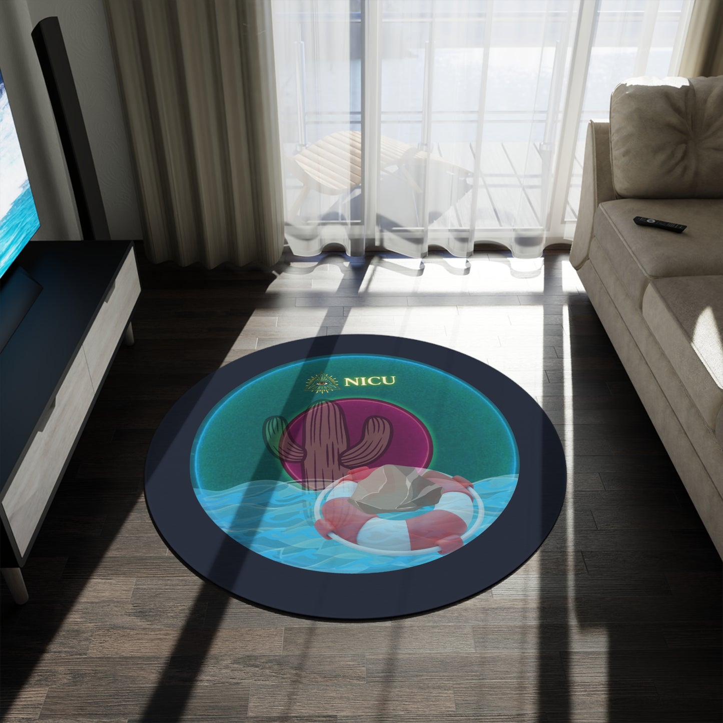 Round Room - 5 ft x 5 ft Lumpy Donut Rug - "The Donut Rug that Conveys" - vivid dark teal donut w/elite teal background