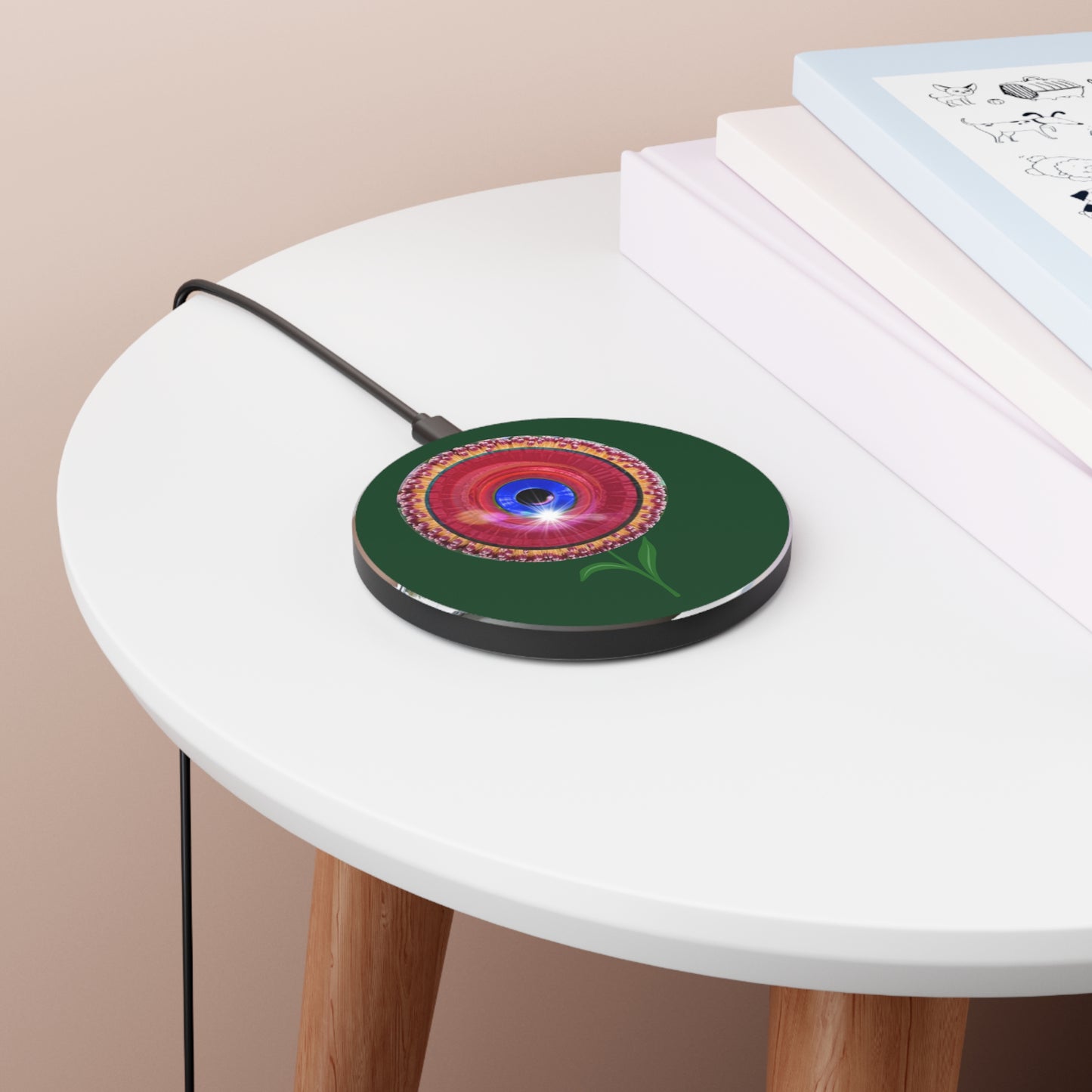 The Flow - Wireless Lumpy Donut Chargers - "Smell the Donuts Wireless Charging" - red flour donut w/deep pond green background - variant 1