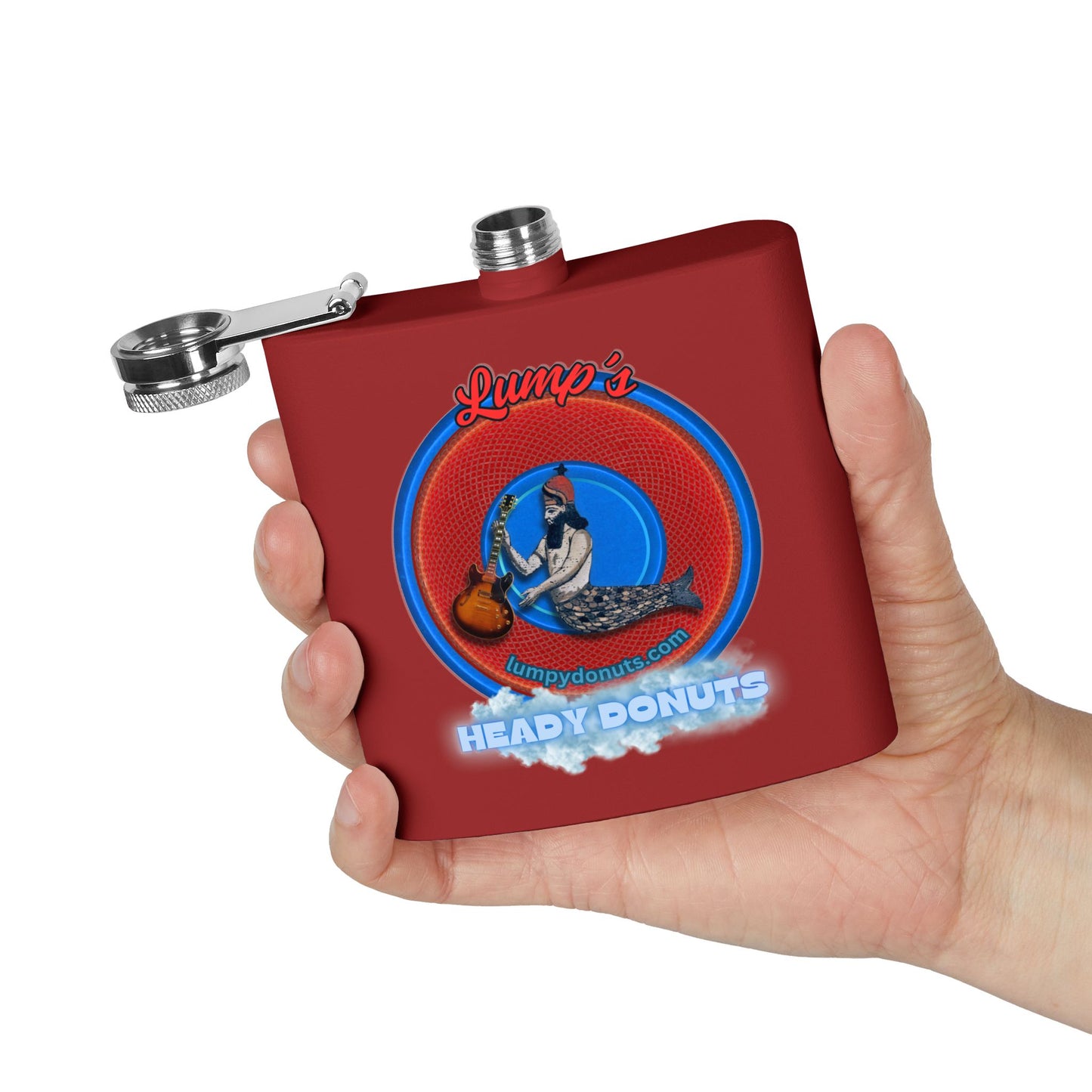 Lump's Donut Flask 6 oz -  "Lump's Heady Logo Flask" - red/blue rustic donut - [*w/your choice of 6 backgrounds]