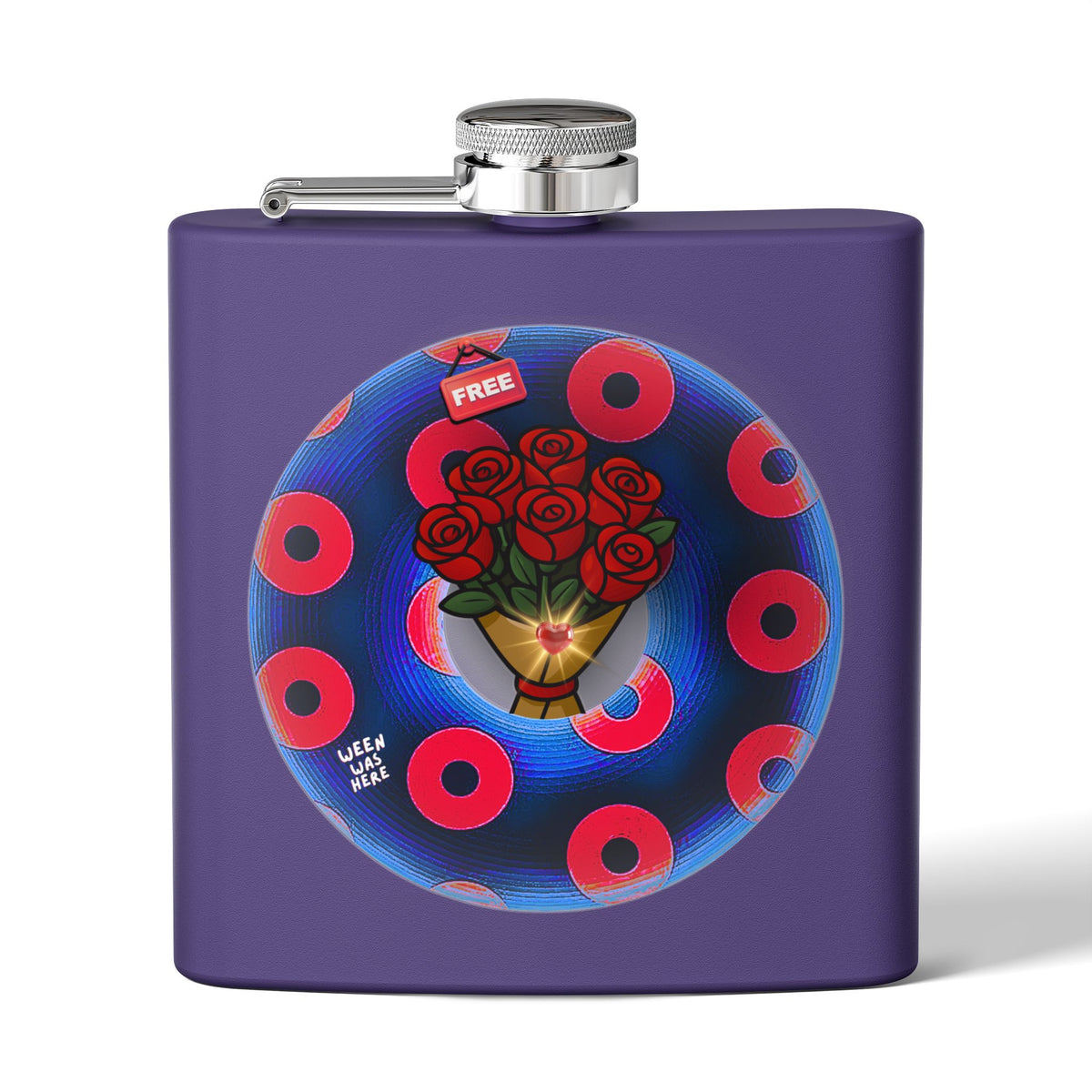 Lump's Donut Flask 6 oz -  "Donuts R Phree" - red/blue rustic donut - [*w/your choice of 6 backgrounds]
