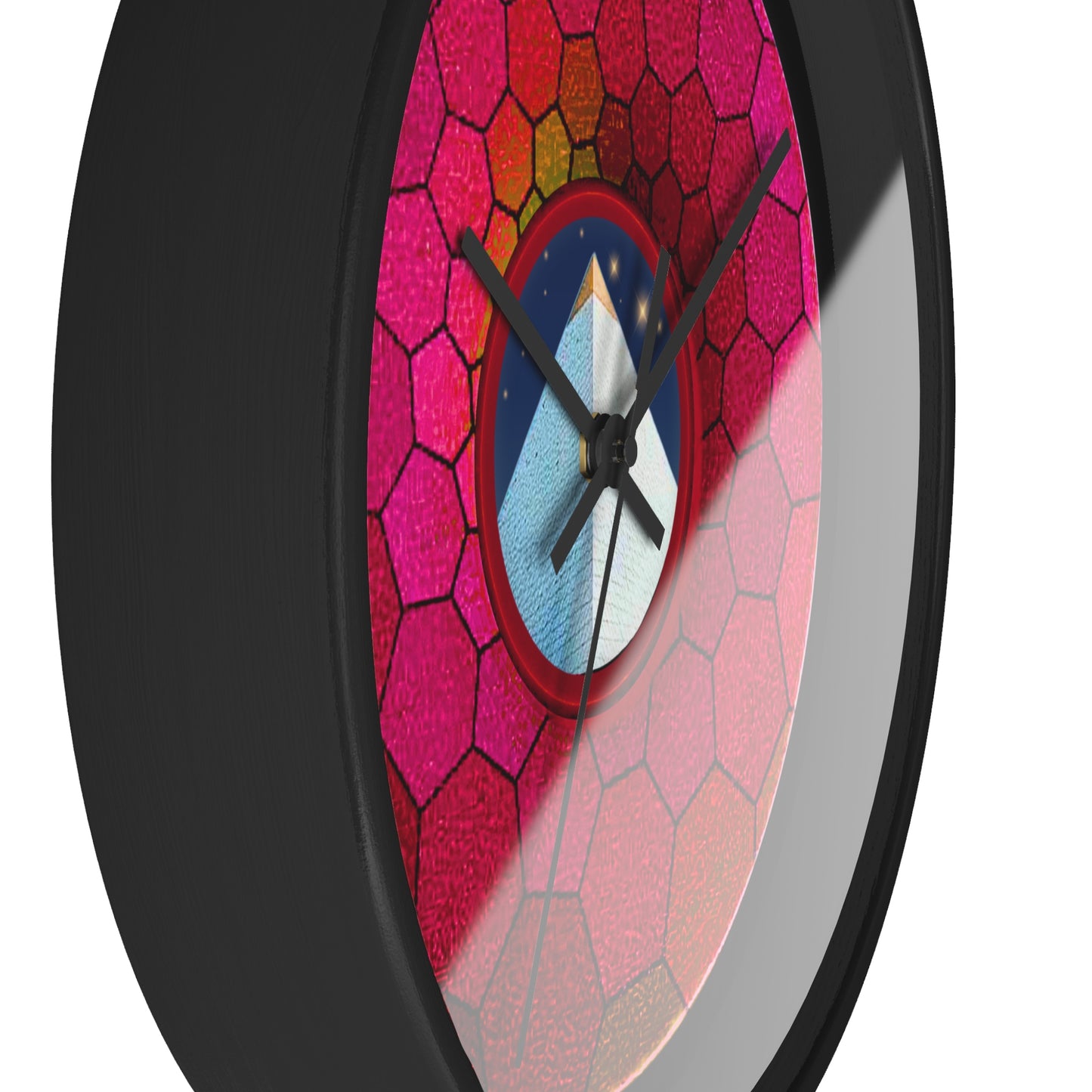 Lumpy Wall Clock - "Limestone Donut Clocks so Large" - variant 5 - magenta hexadonut w/dark crimson background