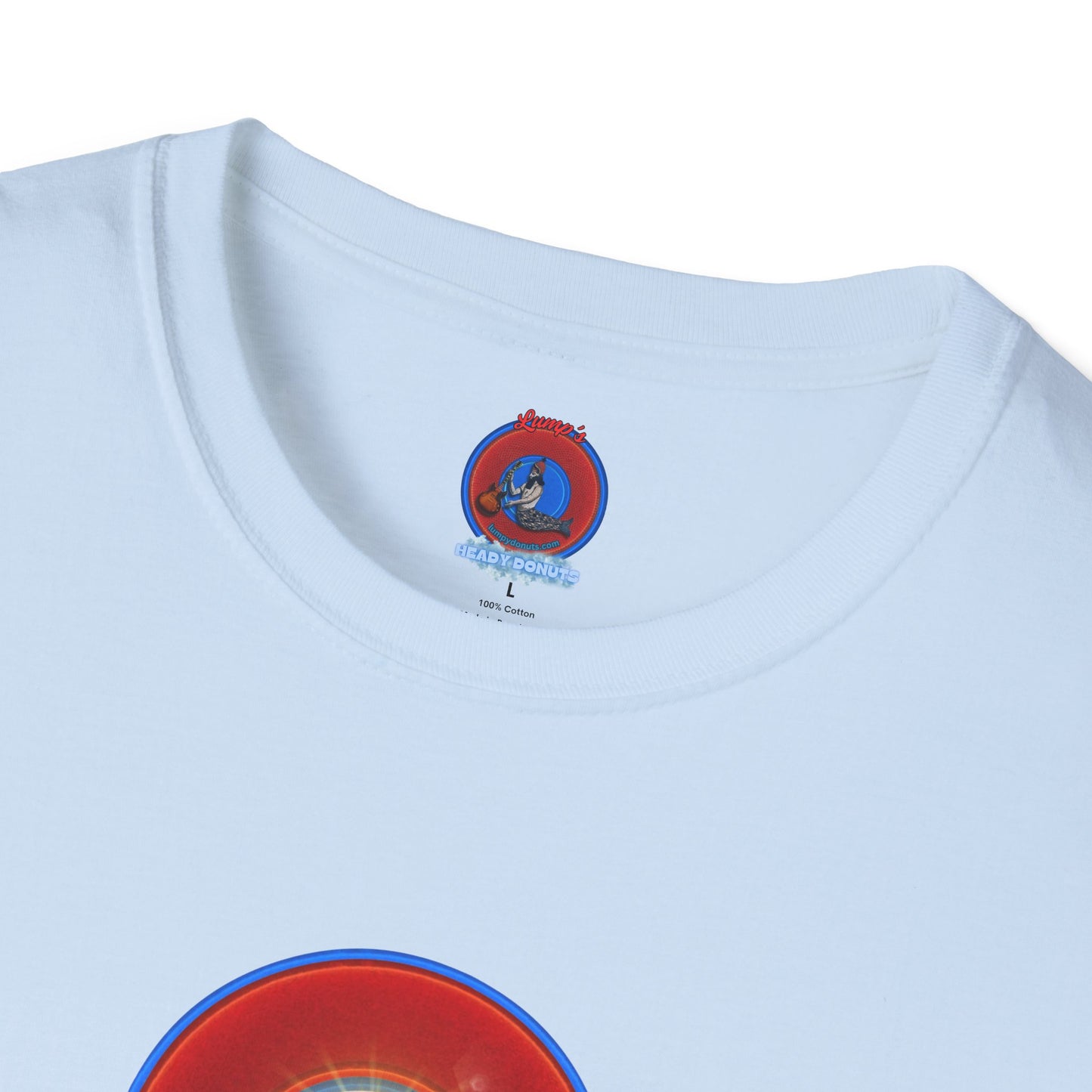 Classic Donut Tee - Unisex Soft-Style - "Ocean Donuts of Love" - vivid red donut - w/sun - variant 2