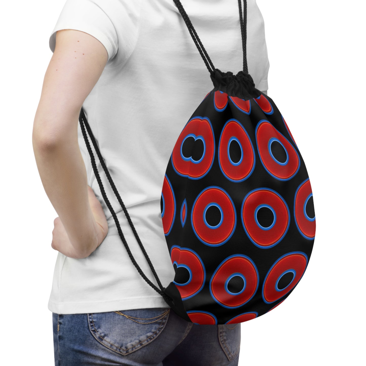 Lumpy Donut Drawstring Bag - red vivid donuts print w/black background