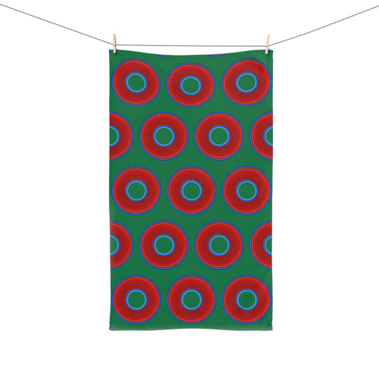 Lumpy Kitchen/Hand Towels - vivid red donuts w/green background