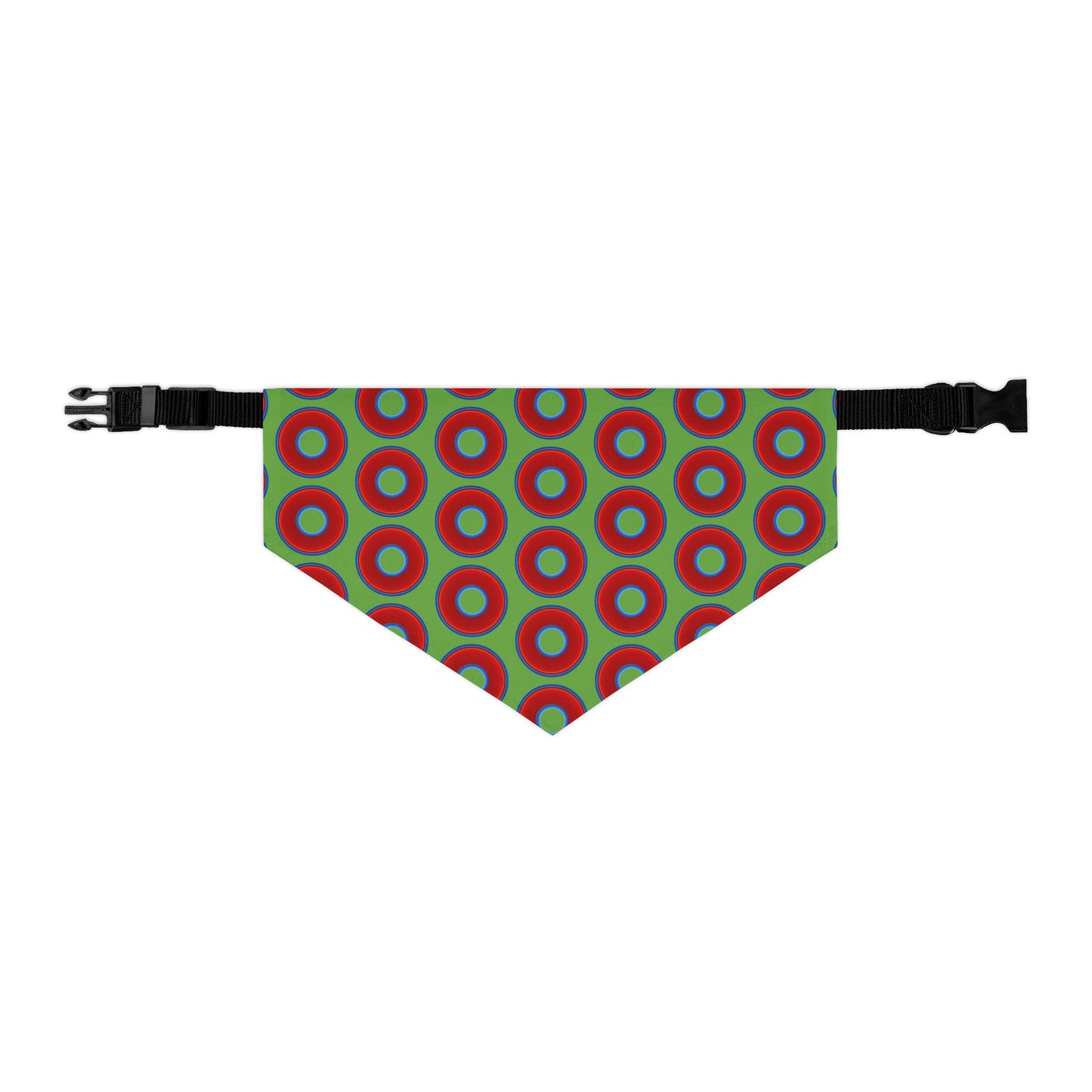 Jim's Lumpy Bandana Pet Collar - vivid red donuts w/light green background