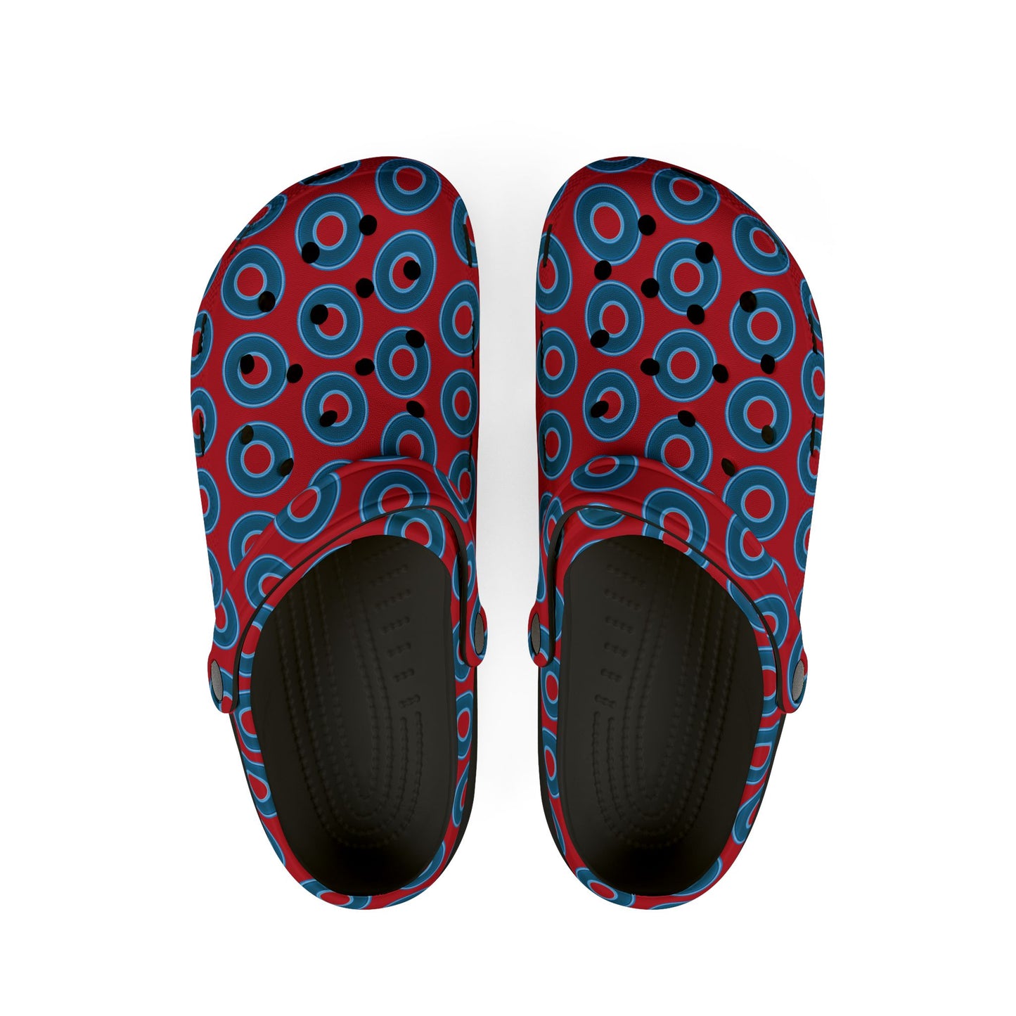 Spatchcocks - donut slip-on shoes - blue rustic donuts w/red background [unisex]