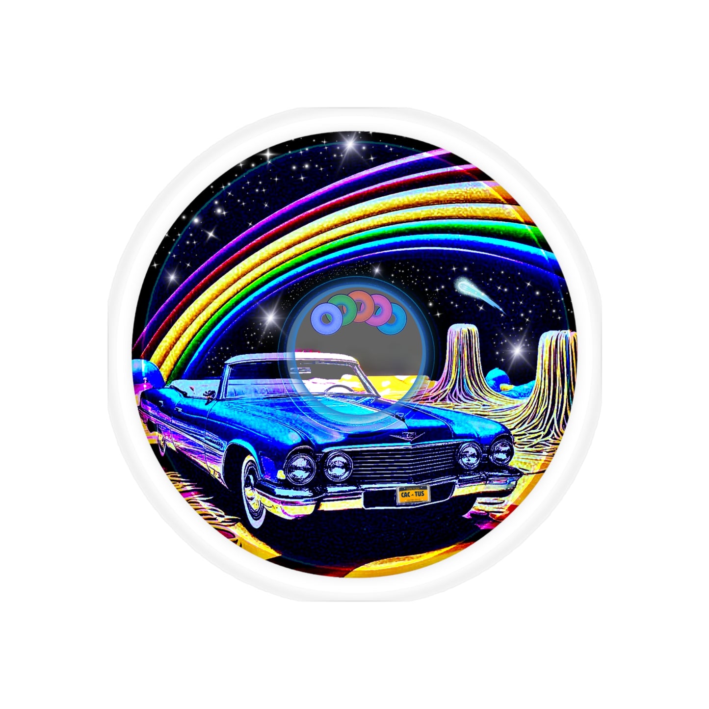 Donut Bumper/Outdoor Sticker - "Halley's Caddy" - series 1.0 - black/blue picture donut - [Die-Cut] 6"x 6"