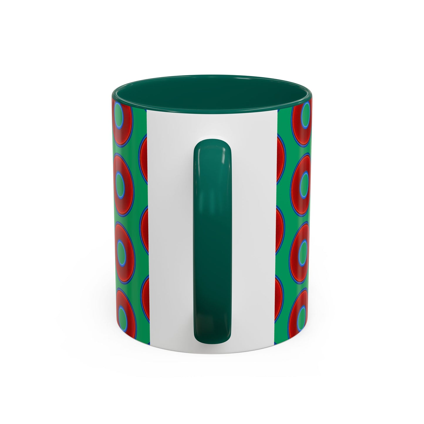 Lump's Grumpy Coffee Mug - vivid red donuts w/jade green background