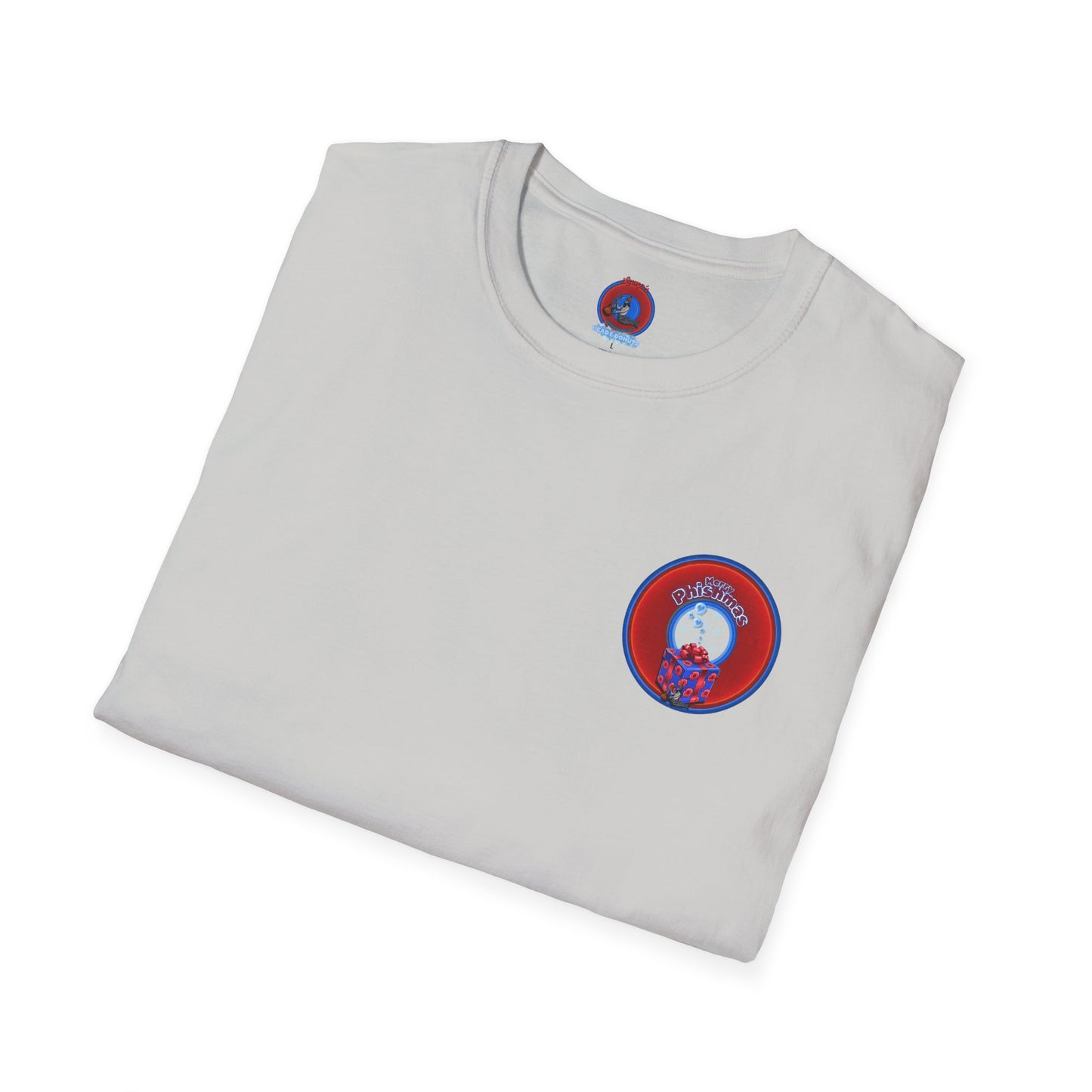 Classic Donut Tee - Unisex Soft-Style - "Phishmas Caroler's Tee " - vivid red/blue donut - variant 3