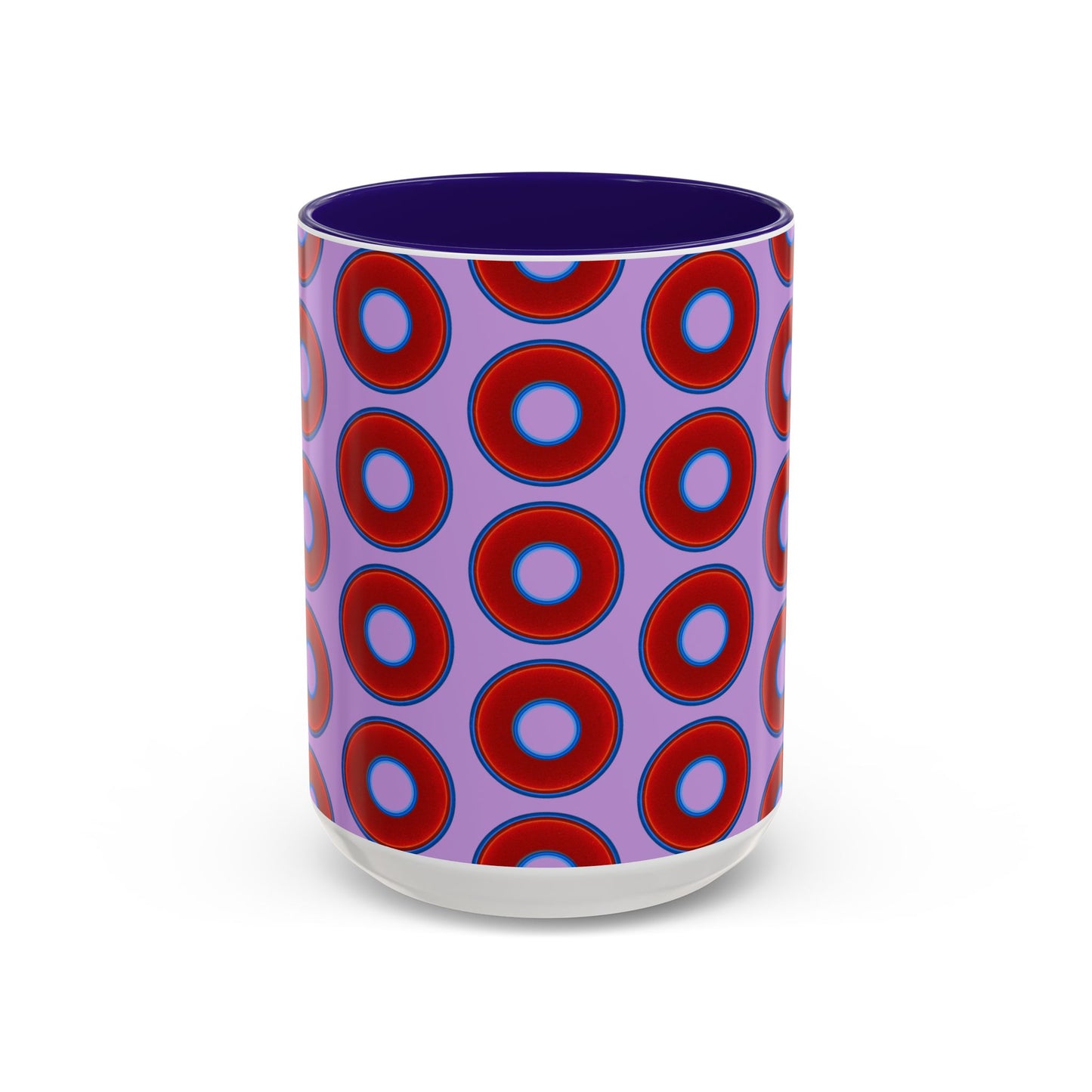 Lump's Grumpy Coffee Mug - vivid red donuts w/wisteria purple background