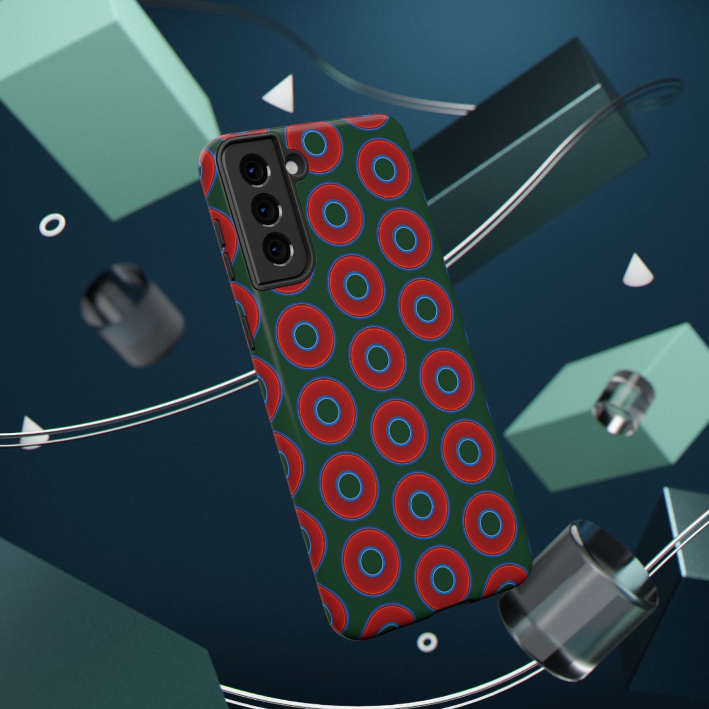 Impact-Resistant Lumpy Donut Case - red vivid donut print w/dark pond green background